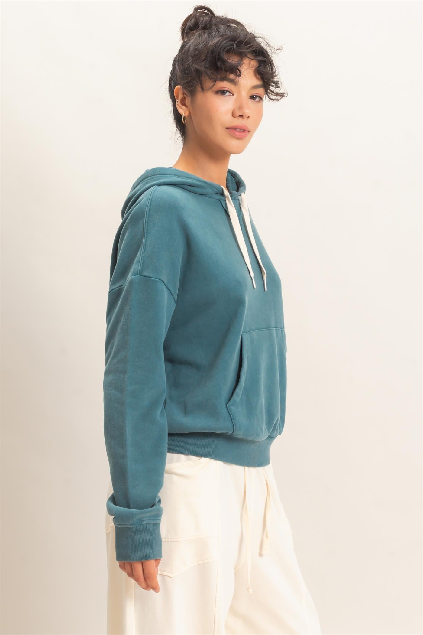 Wholesale Acid Wash Hoodie Clothing Tops DZ26E112 DARK TEAL DOUBLE ZERO