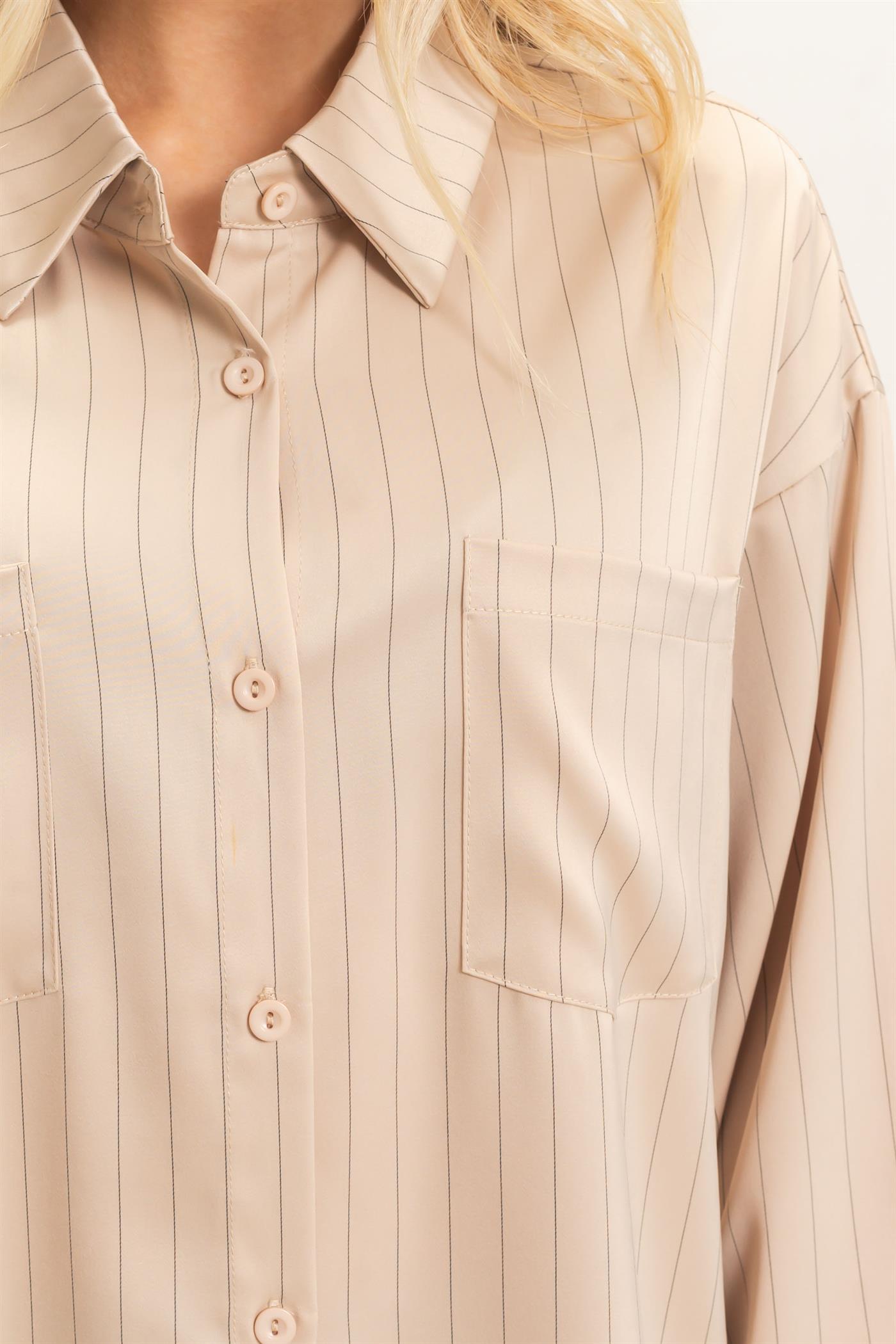 Wholesale Striped Button-Up Blouse Blouses HF26C953 LIGHT TAUPE HYFVE
