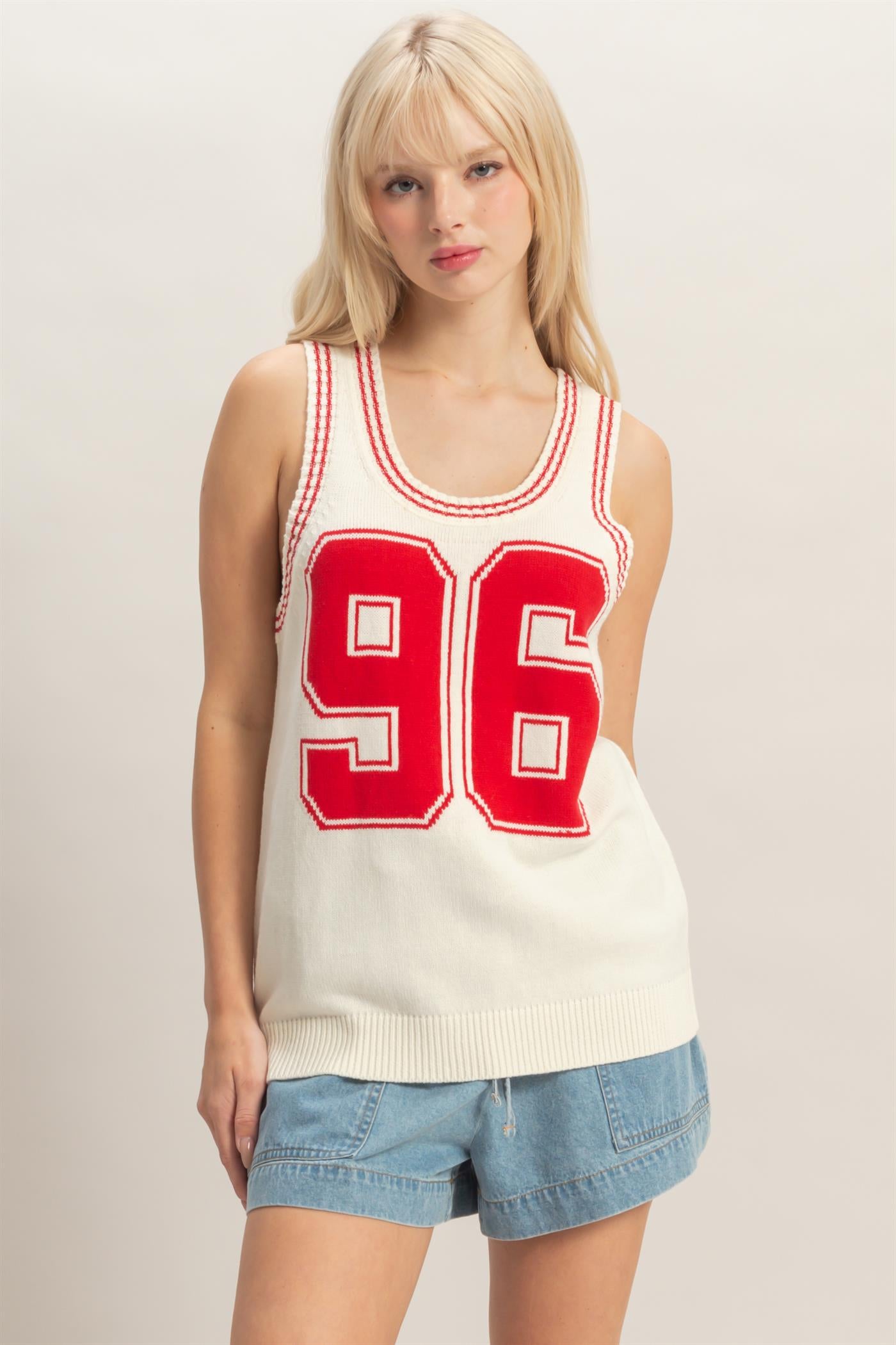 Wholesale Number Graphic Knit Tank Top Tank Tops DZ26A821 RED DOUBLE ZERO