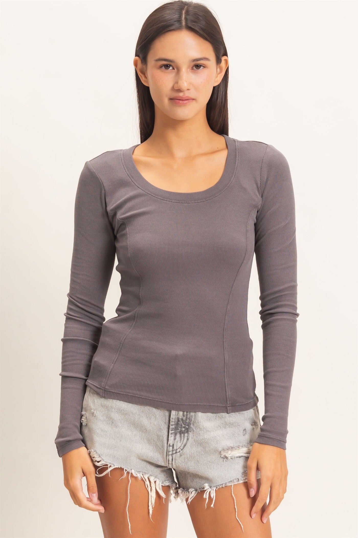 Wholesale Pigment Dye Seam Detail Scoop Neck Top Clothing Tops DZ26E242 CHARCOAL DOUBLE ZERO