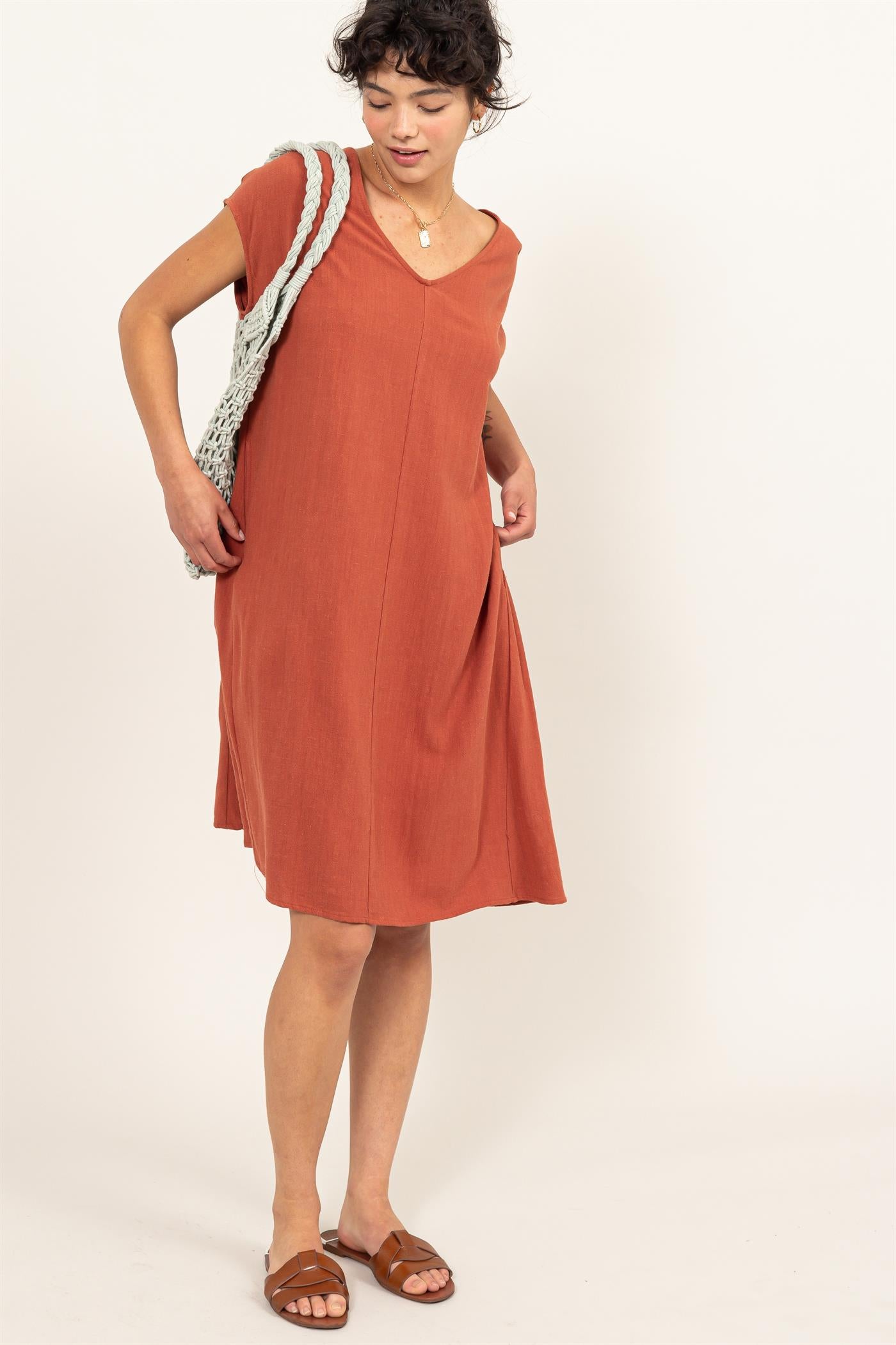 Wholesale V-Neck Oversized Linen Midi Dress Dresses DZ23E033-D BAKED CLAY DOUBLE ZERO