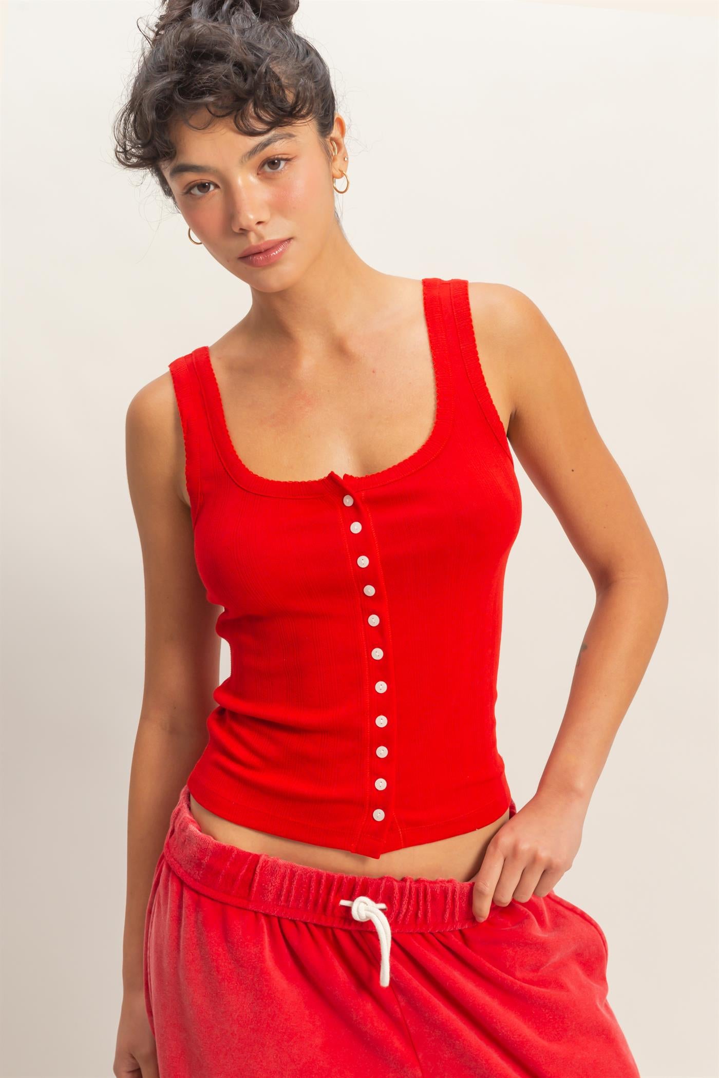 Wholesale Pointelle Button Front Scoop Neck Tank Top Tank Tops DZ26A775 RED DOUBLE ZERO