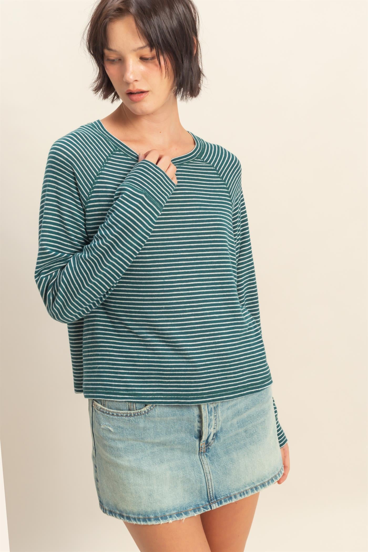 Wholesale Striped Raglan Long Sleeve Top Clothing Tops DZ25E600 DEEP GREEN/CREAM DOUBLE ZERO