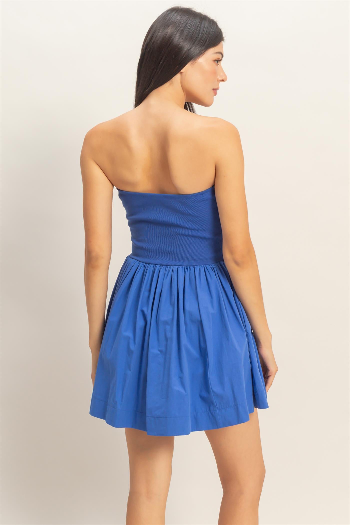 Wholesale Strapless Flowy Mini Dress Dresses DZ26C043 COBALT DOUBLE ZERO