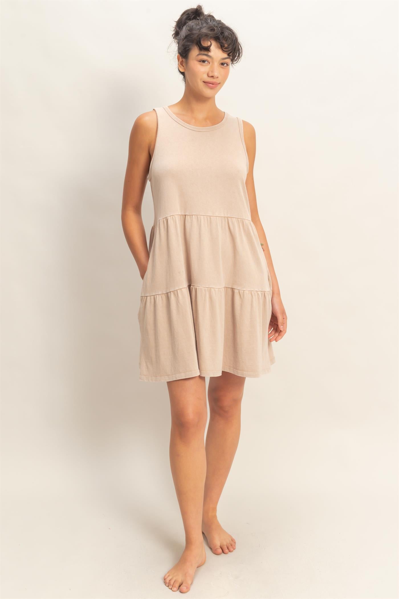 Wholesale Sleeveless Crewneck Tiered Mini Dress Dresses DZ26C208 DARK TAUPE DOUBLE ZERO