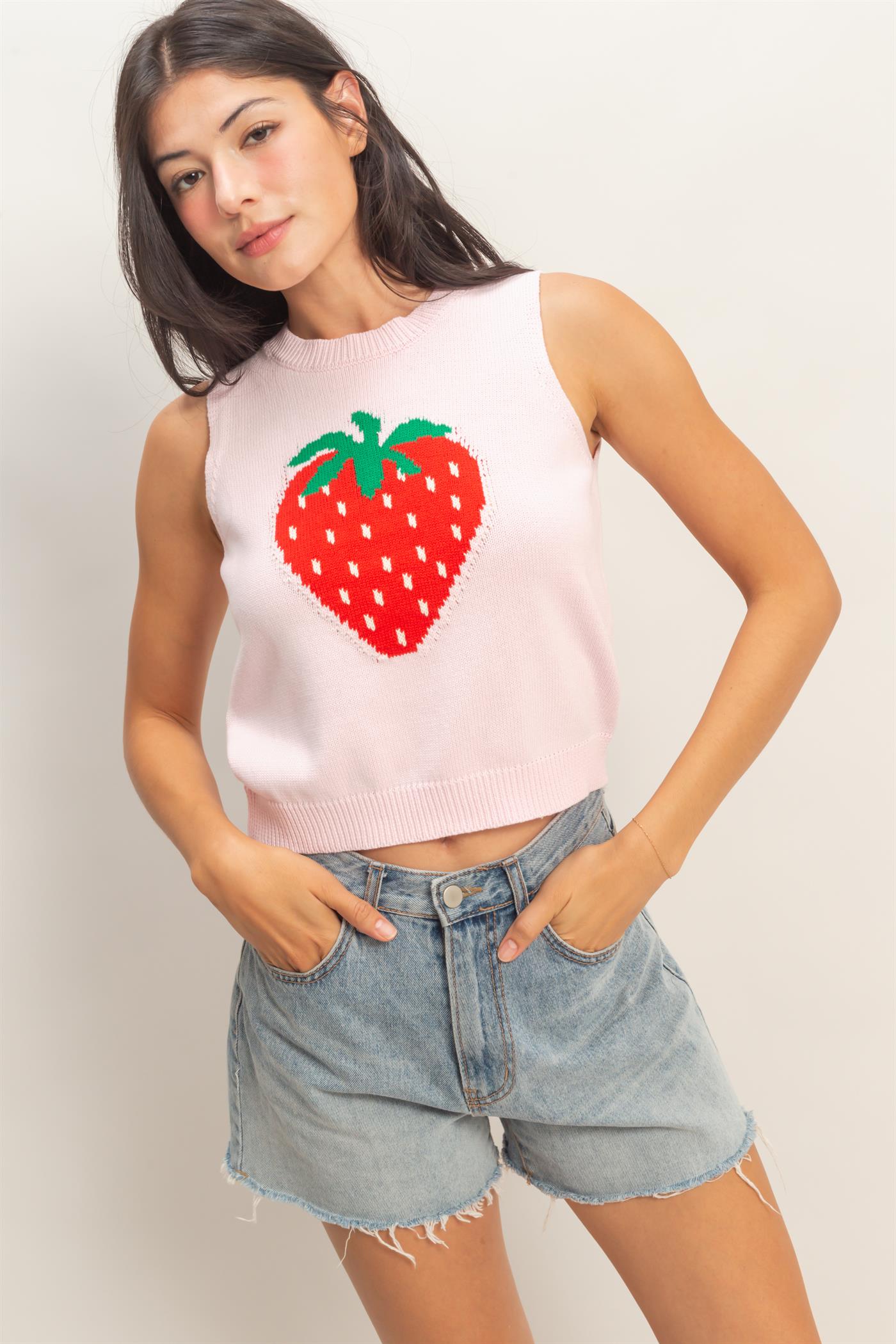 Wholesale Strawberry Sleeveless Knit Top Clothing Tops DZ26A035 SOFT PINK DOUBLE ZERO