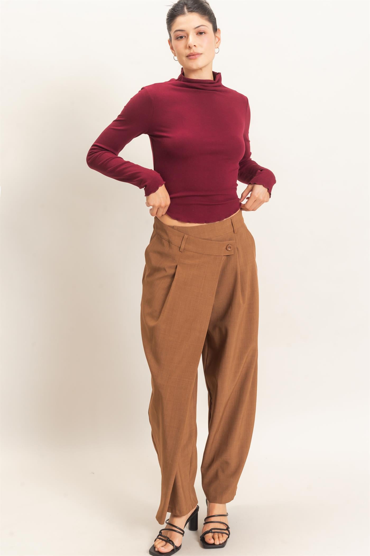Wholesale Long Sleeve Lettuce Hem Top Clothing Tops HF26F122 BURGUNDY HYFVE