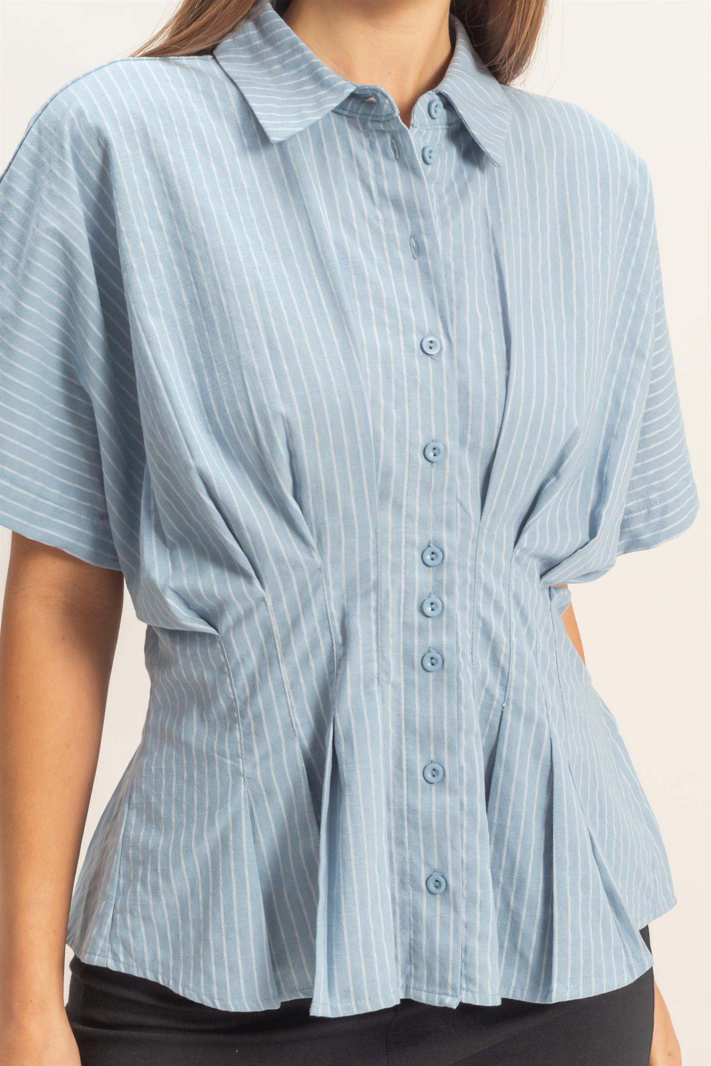 Wholesale Pleated Button-Up Shirt Shirts HF26A092 L.BLUE DOUBLE ZERO