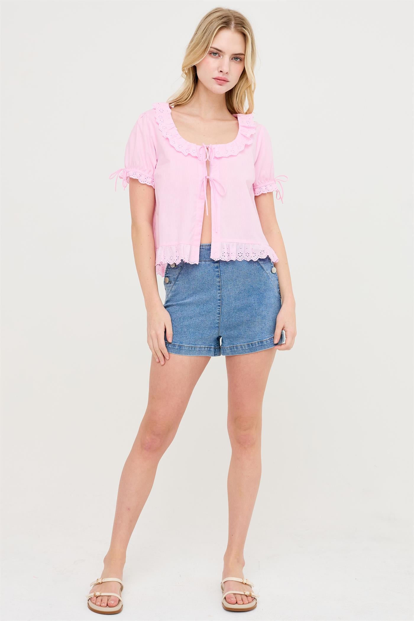 Wholesale Lace Trim Peasant Top Blouses HF26C137 PINK HYFVE