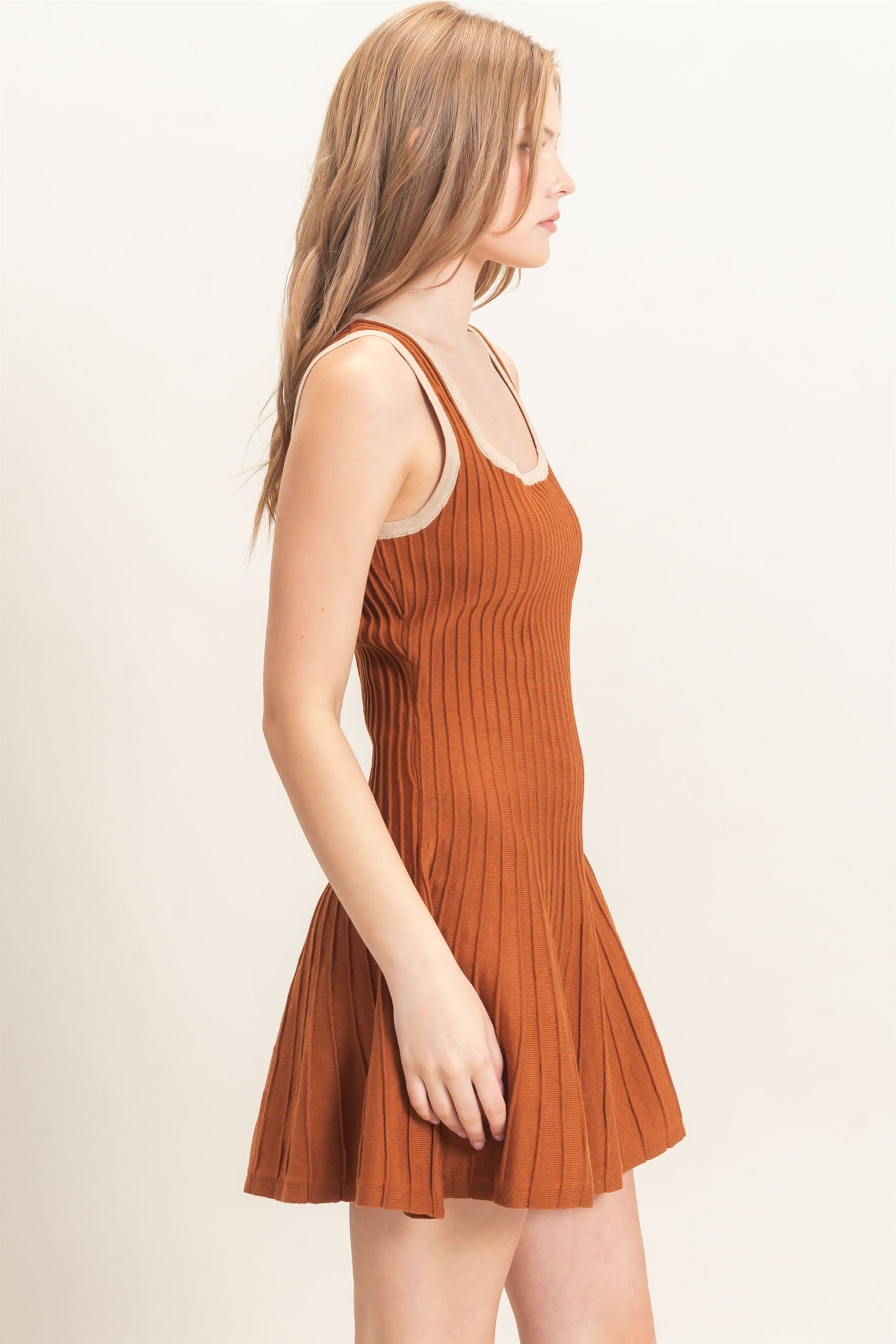 Wholesale Ribbed Square Neck Mini Dress Dresses HF26F213 BROWN HYFVE