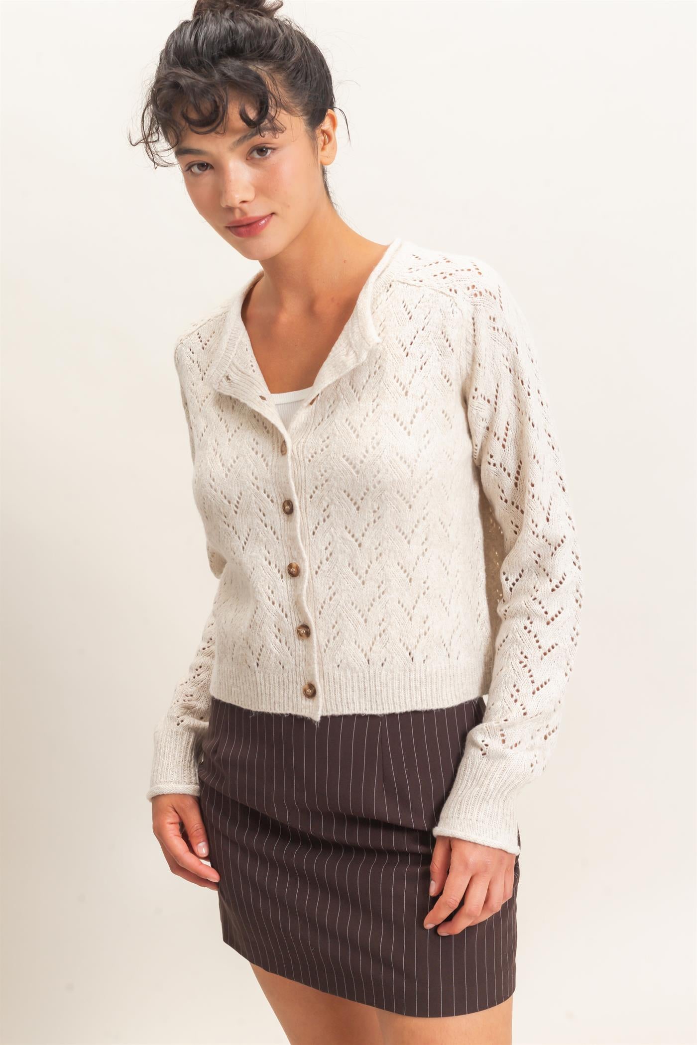 Wholesale Pointelle Knit Button Front Cardigan Cardigans DZ26C978 IVORY DOUBLE ZERO