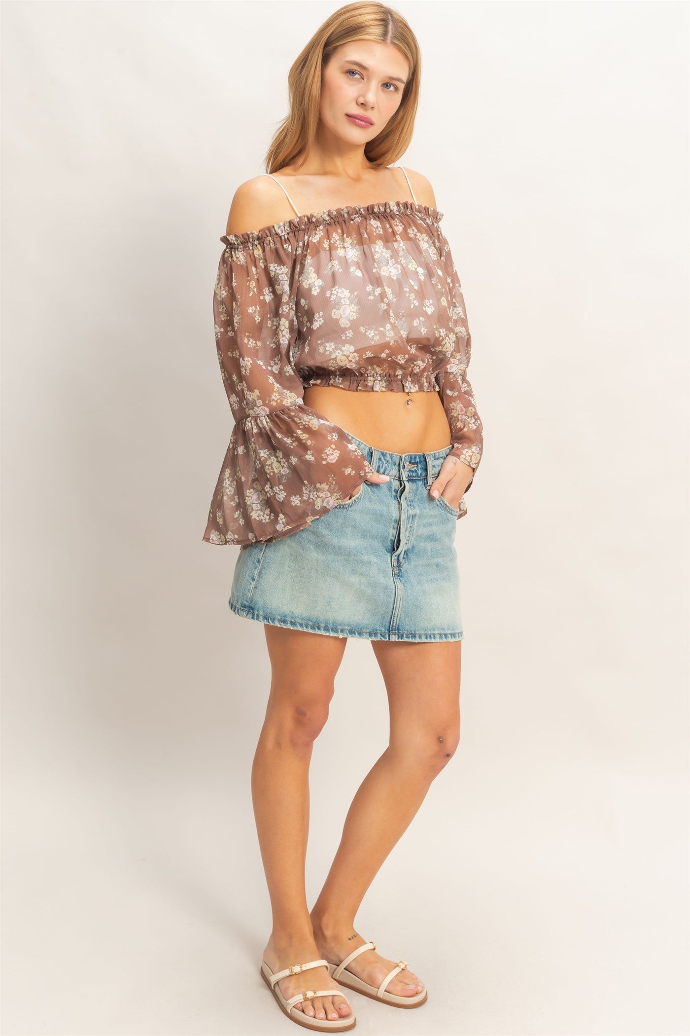 Wholesale Floral Off Shoulder Top Blouses HF26E647 BROWN HYFVE
