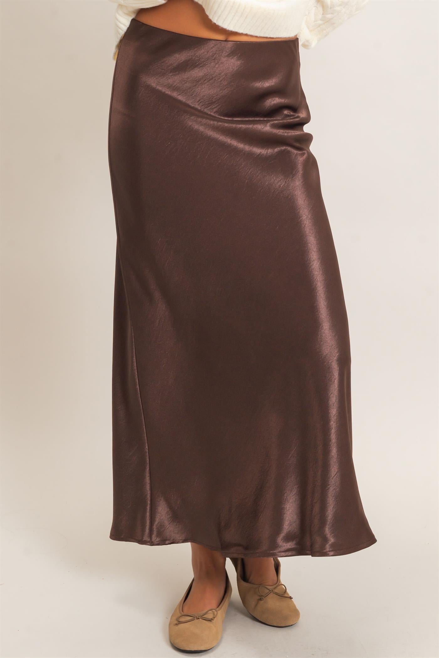 Wholesale Satin Midi Skirt Skirts DZ26C962 DARK BROWN DOUBLE ZERO