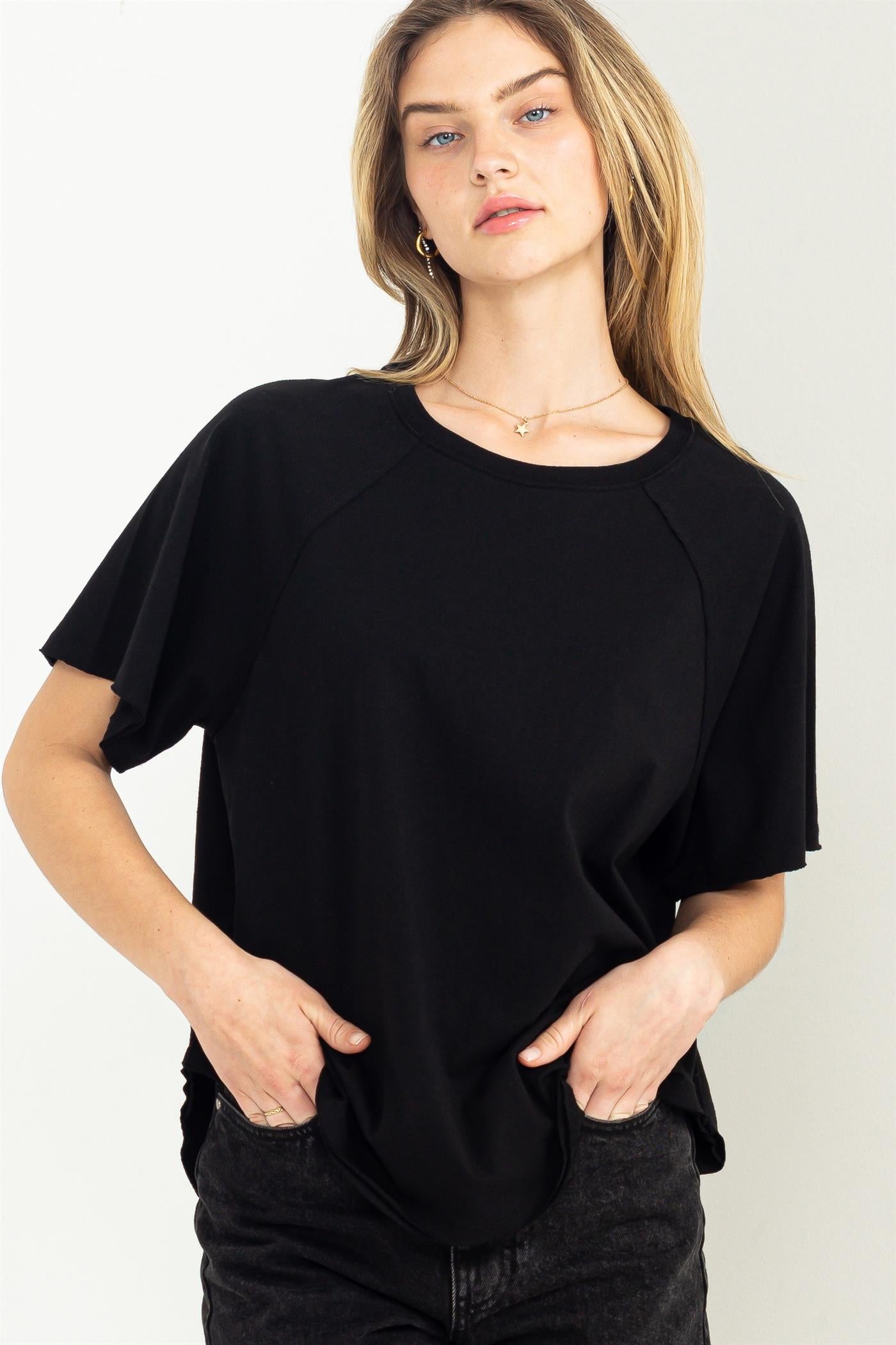 Wholesale Round Neck Curved Hem Short Sleeve T Shirt Clothing Tops DZ23C325 BLACK HYFVE