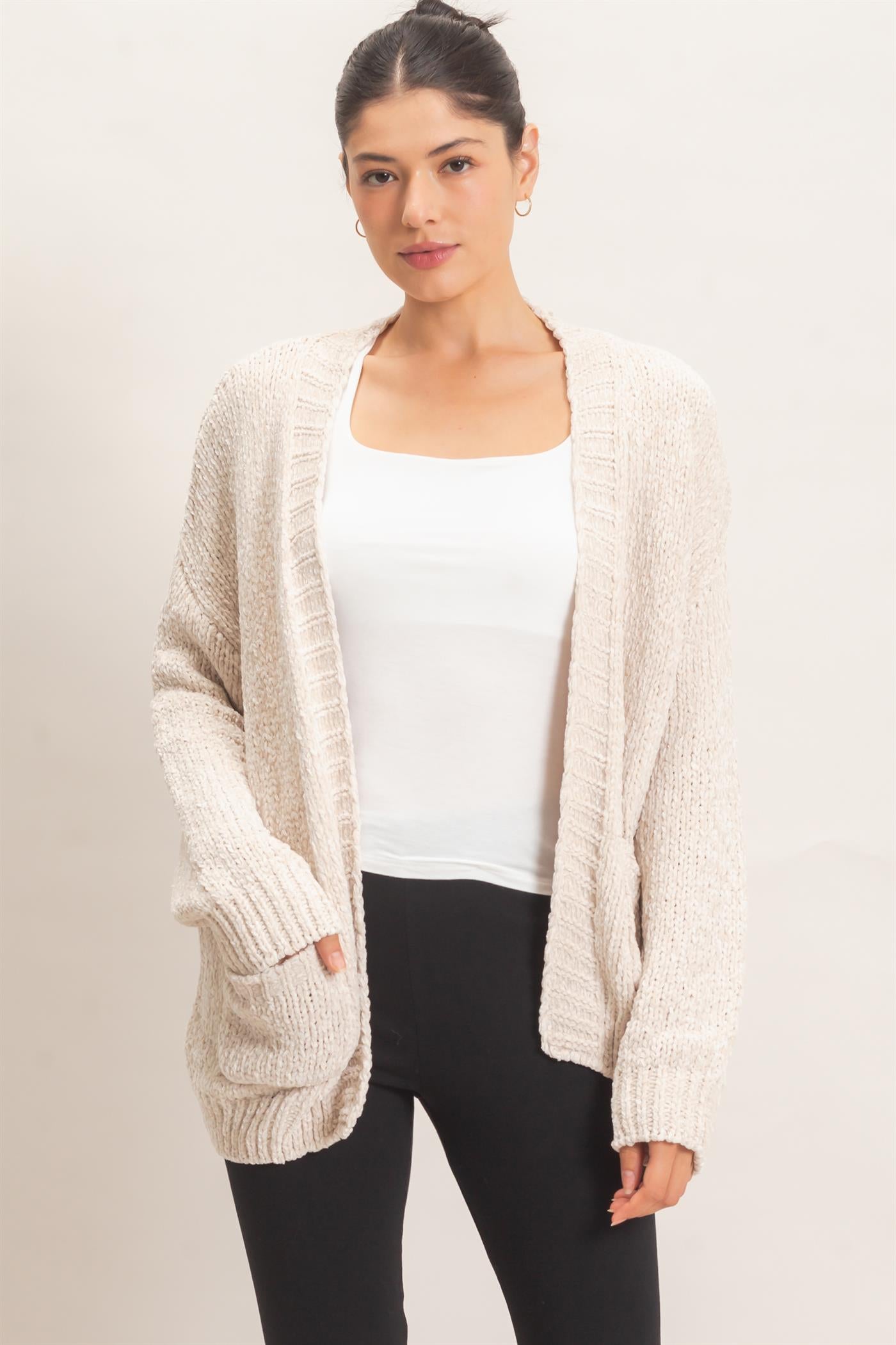 Wholesale Patch Pocket Chenille Cardigan Cardigans HF26E839 SAND HYFVE