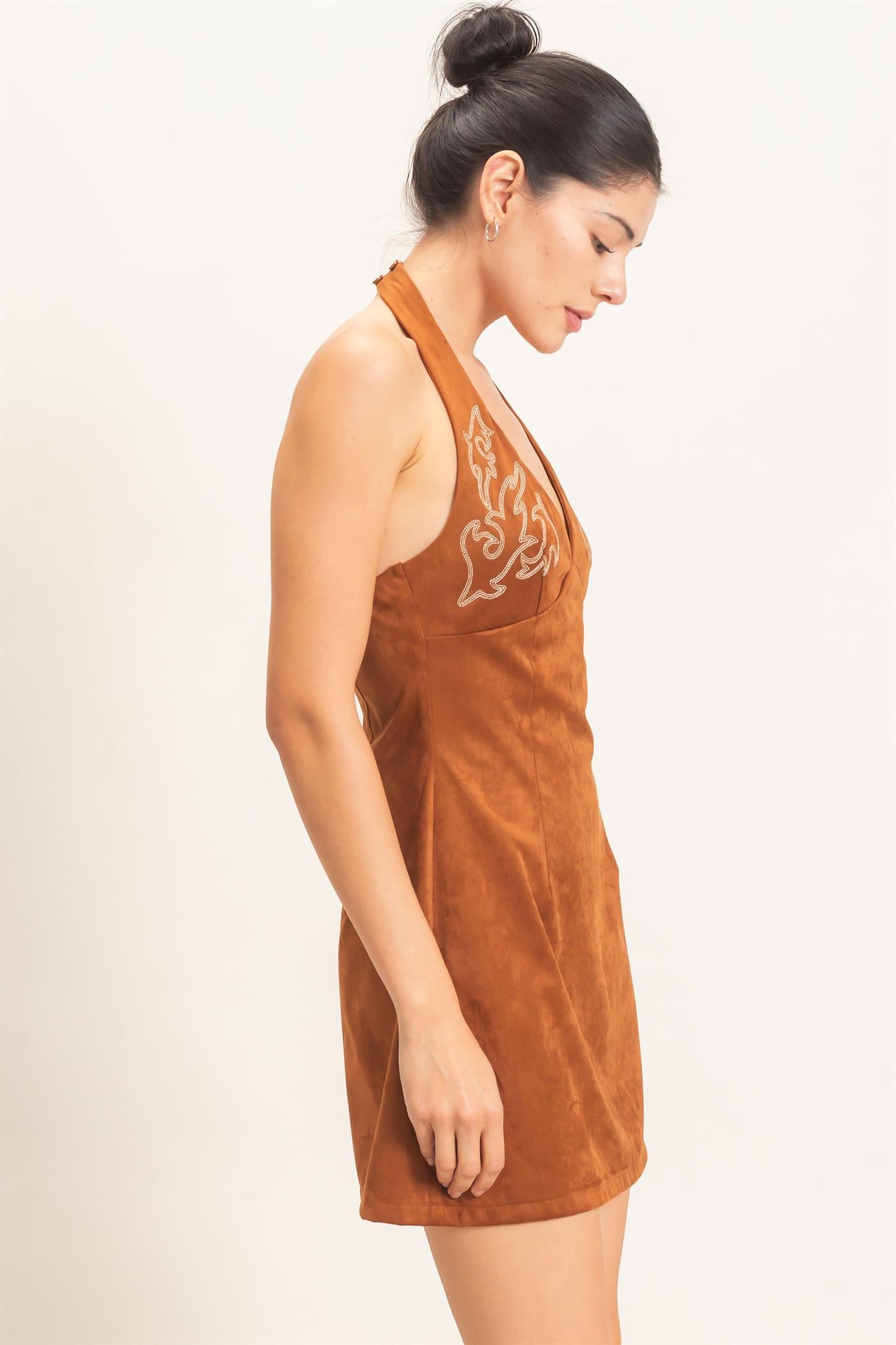 Wholesale Suede V-Neck Halter Dress Dresses HF26E500 BROWN HYFVE