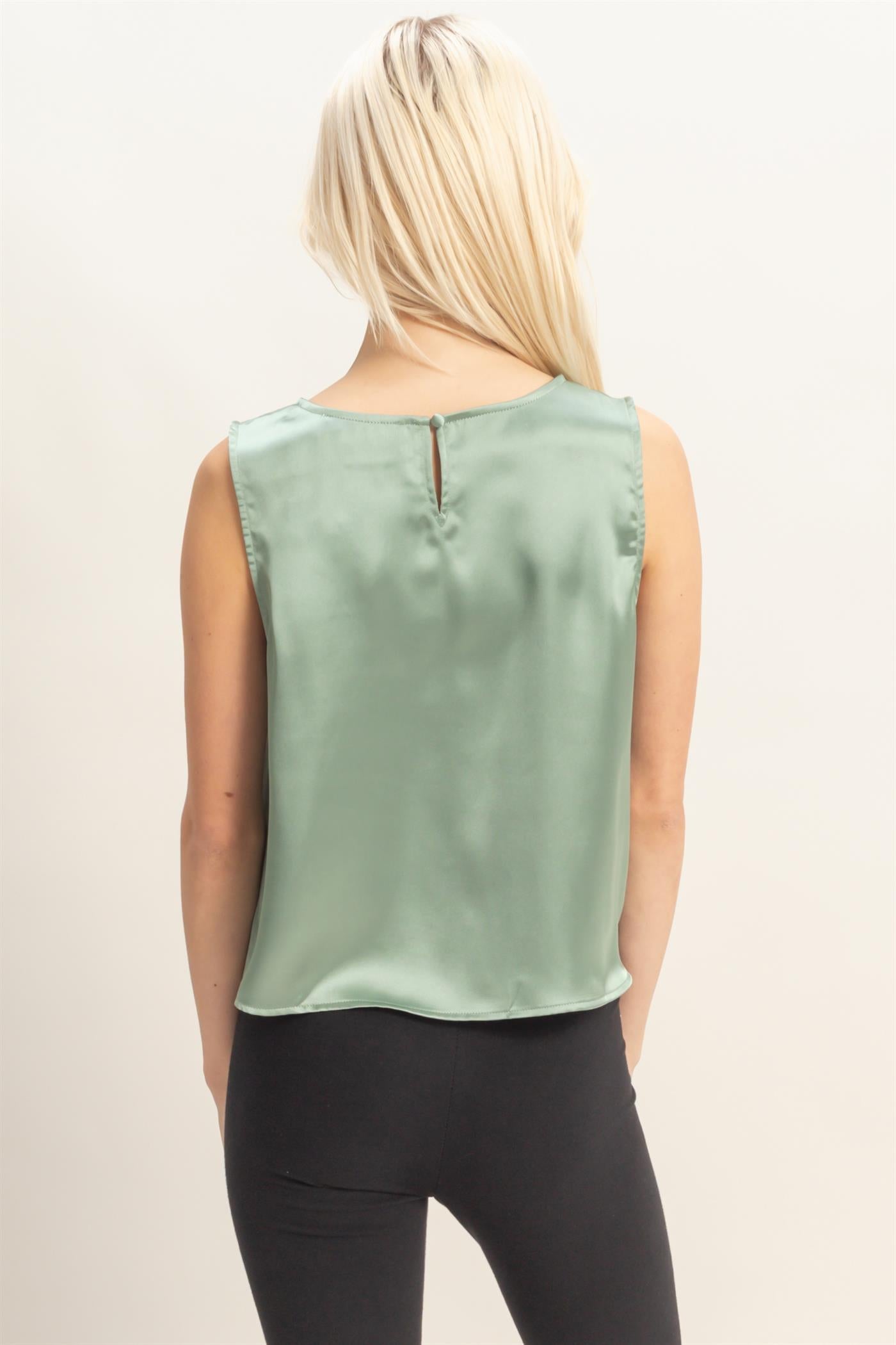 Wholesale Satin Sleeveless Round Neck Top With Back Keyhole Clothing Tops DZ26C084 SAGE GREEN DOUBLE ZERO