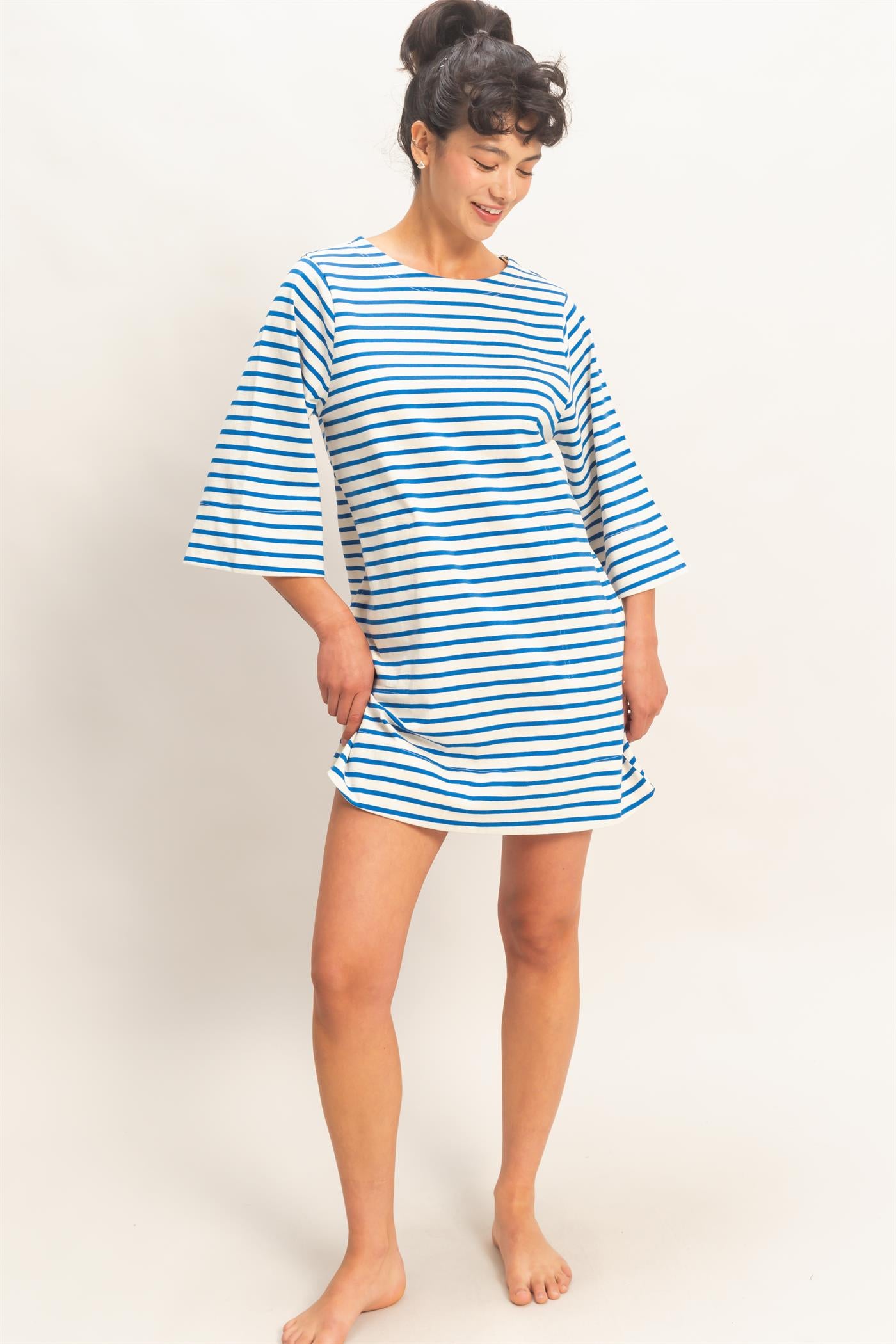 Wholesale Striped Round Neck Half-Sleeve Mini Dress Dresses DZ26A460 BLUE DOUBLE ZERO
