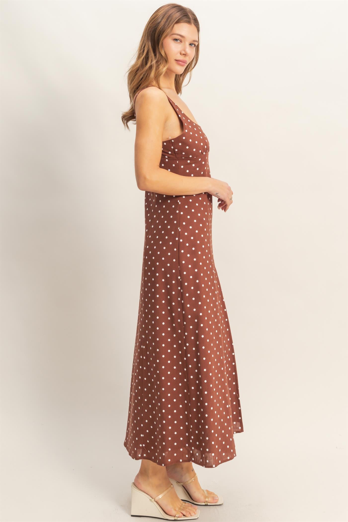 Wholesale Polka Dot Scoop Neck Midi Dress Dresses HF26C268-D CHESTNUT HYFVE