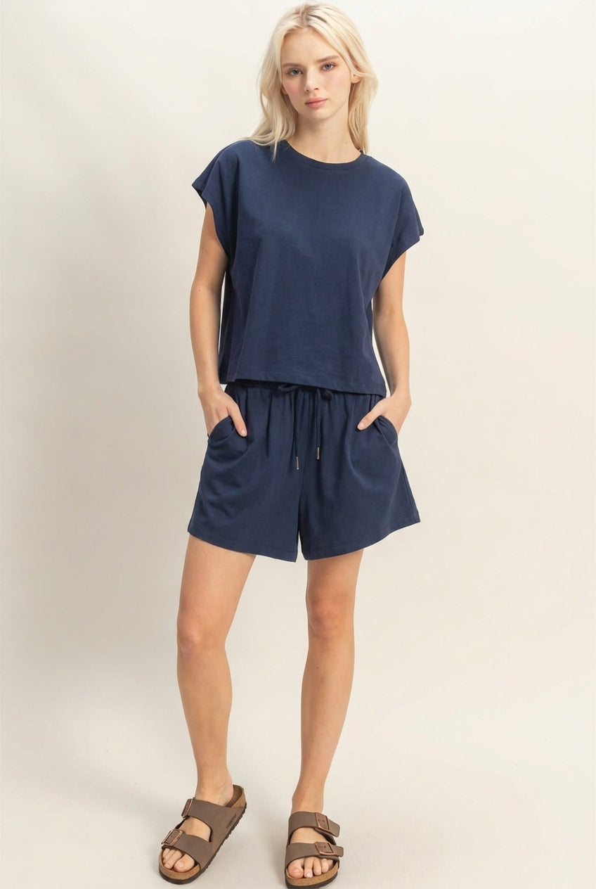 Wholesale Cap Sleeve Boxy Top And Shorts Set Clothing DZ26C543-SET NAVY DOUBLE ZERO