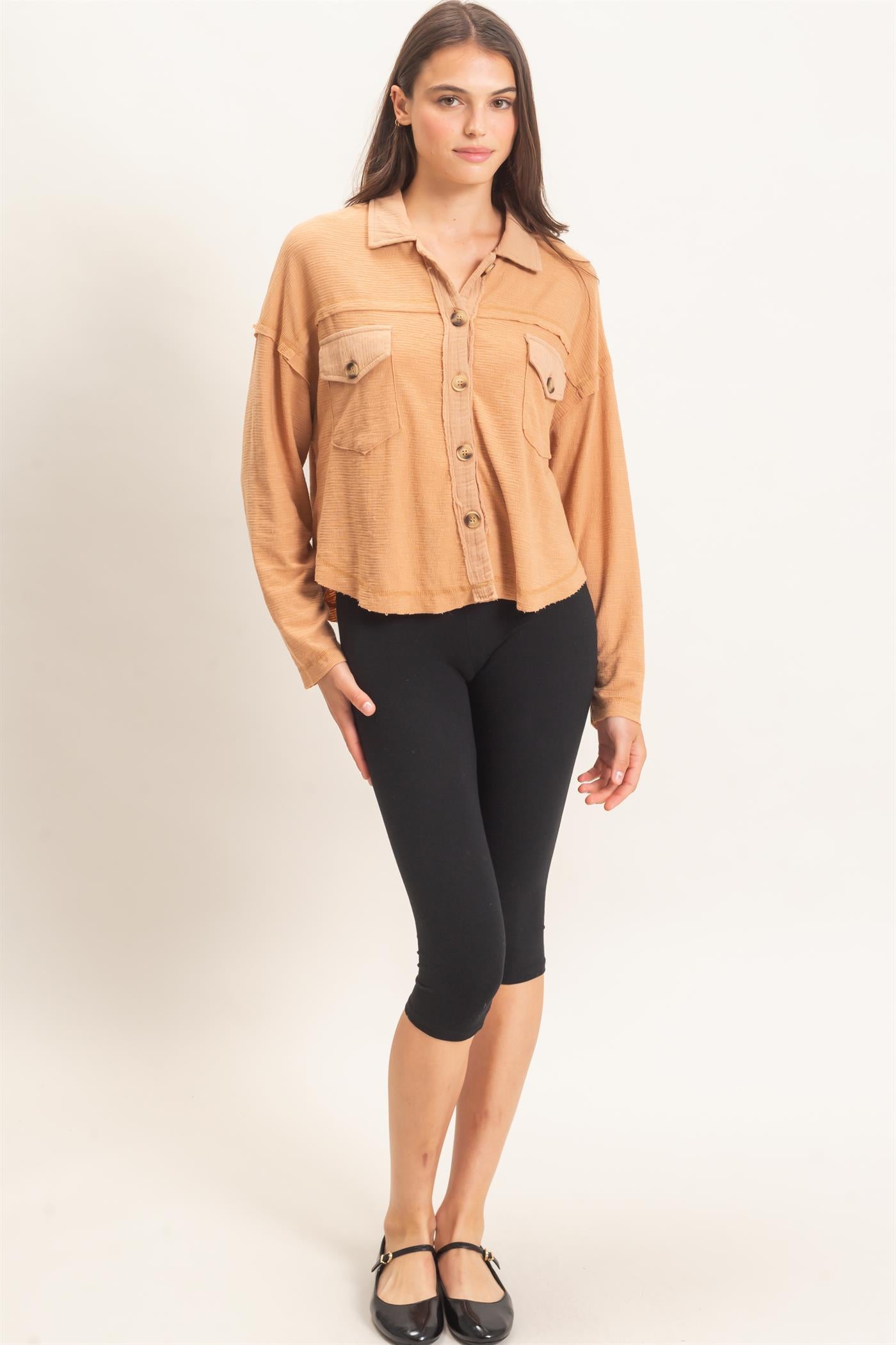 Wholesale Textured Button-Up Shirt Clothing Tops HF26C878 LIGHT BROWN HYFVE