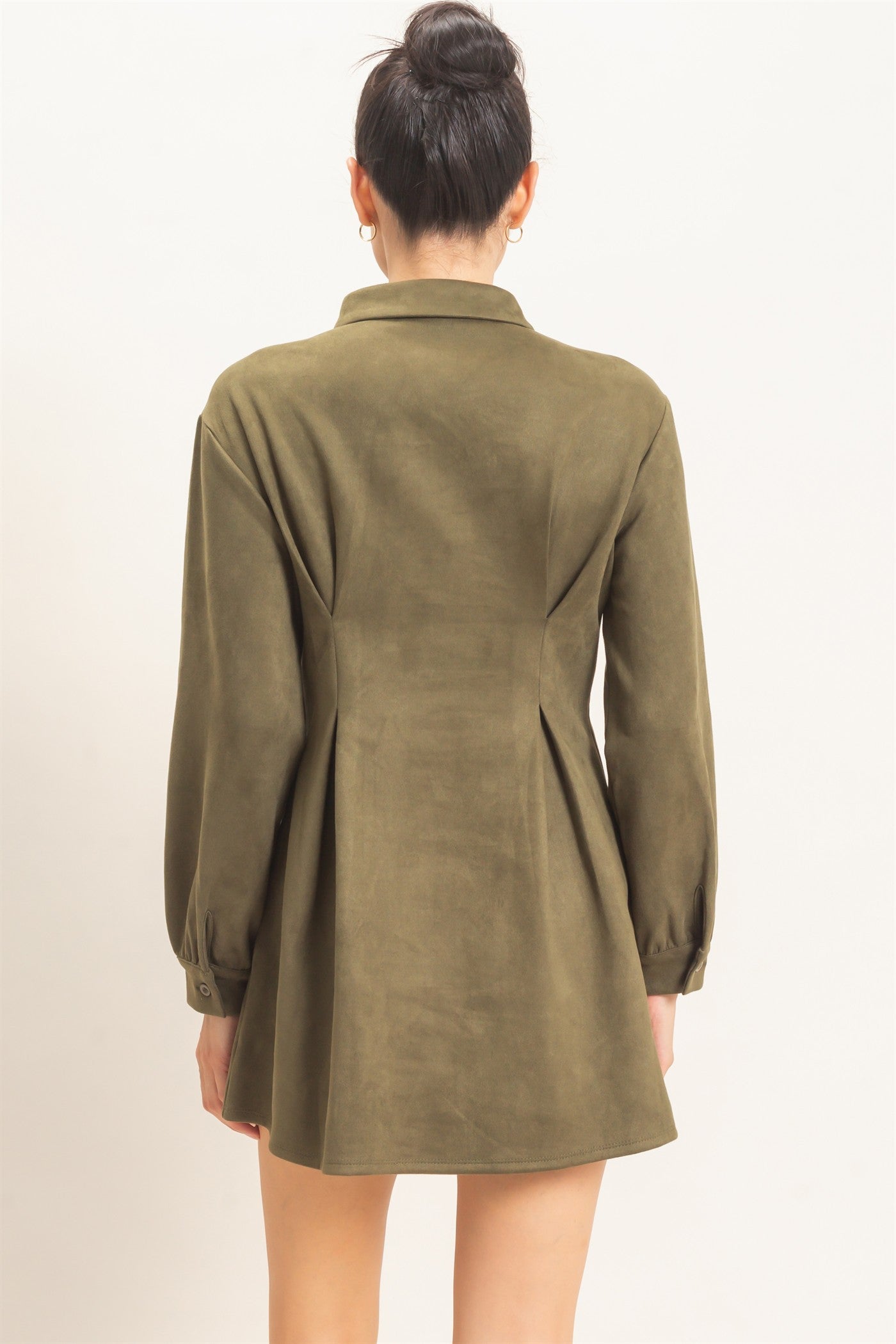 Wholesale Faux Suede Long Sleeve Shirtdress Dresses HF26F063 OLIVE HYFVE