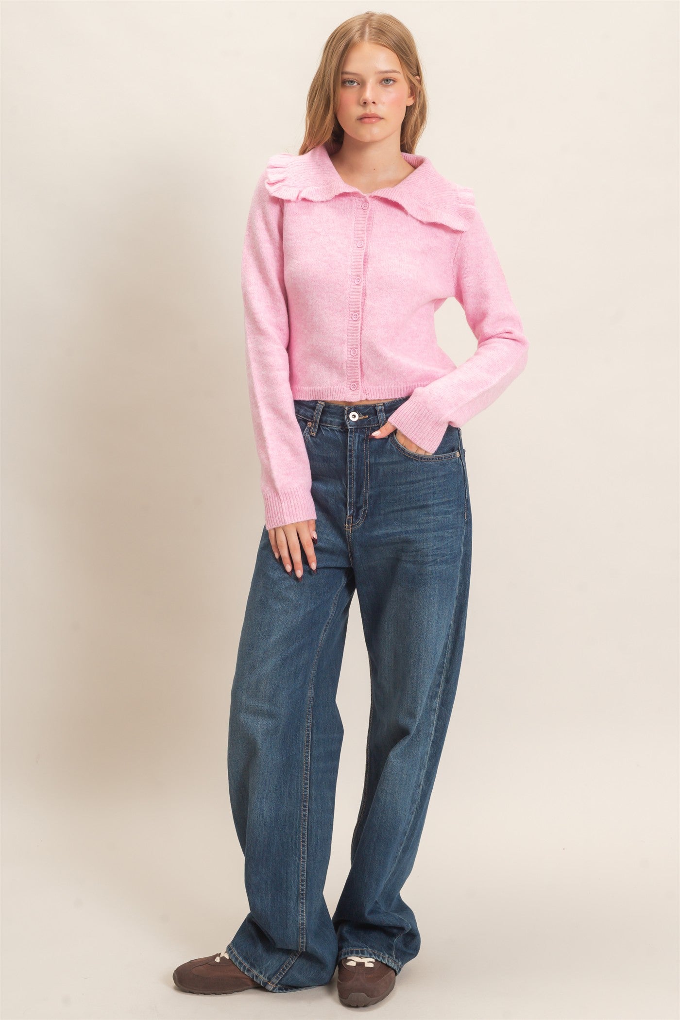 Wholesale Ruffled Collar Knit Cardigan Cardigans HF26E162-D PINK HYFVE