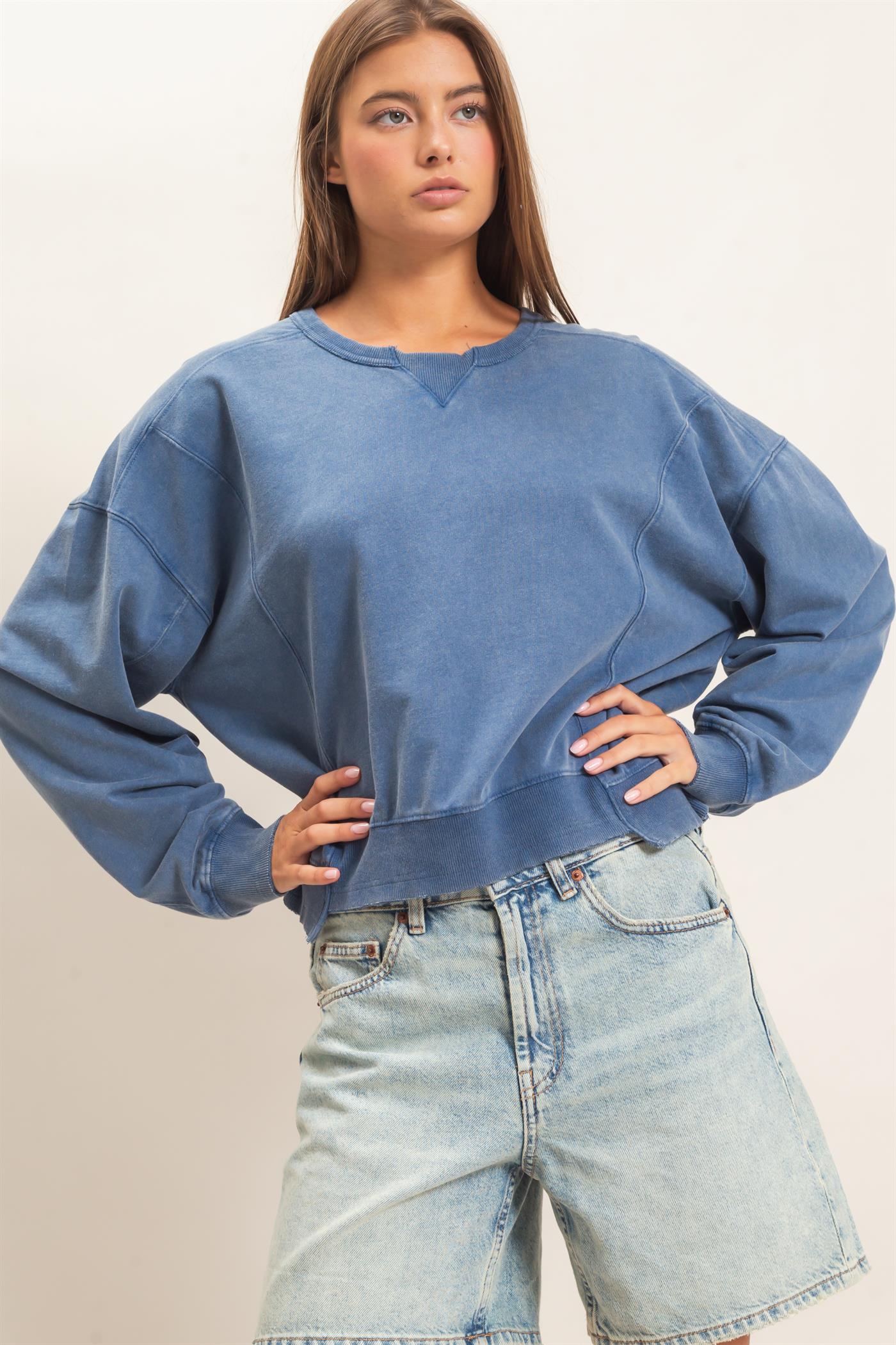 Wholesale Acid Wash Seam Detail Crew Neck Sweatshirt Sweatshirts DZ26E260 NAVY DOUBLE ZERO