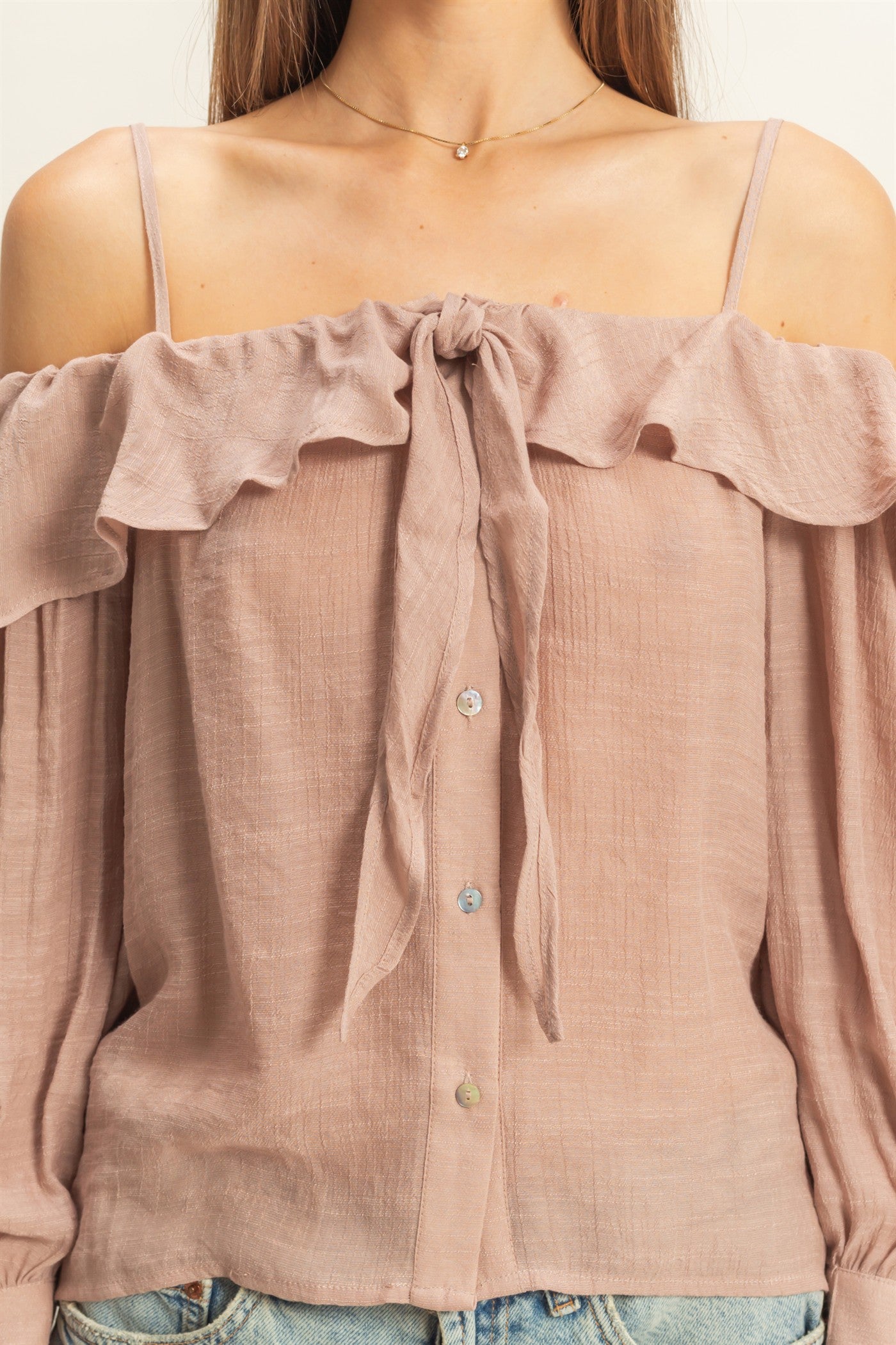 Wholesale Cold-Shoulder Ruffled Blouse Clothing Tops HF23C787 TAUPE HYFVE