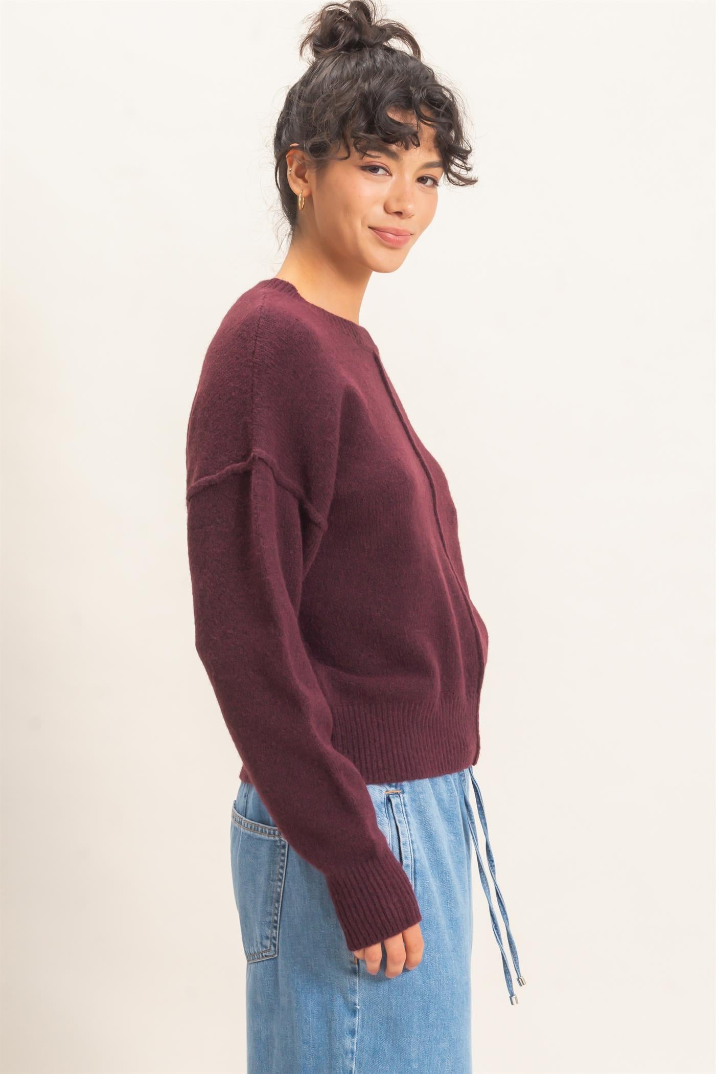 Wholesale Crew Neck Seam Detail Sweater Sweaters DZ26E240 DARK CHERRY DOUBLE ZERO