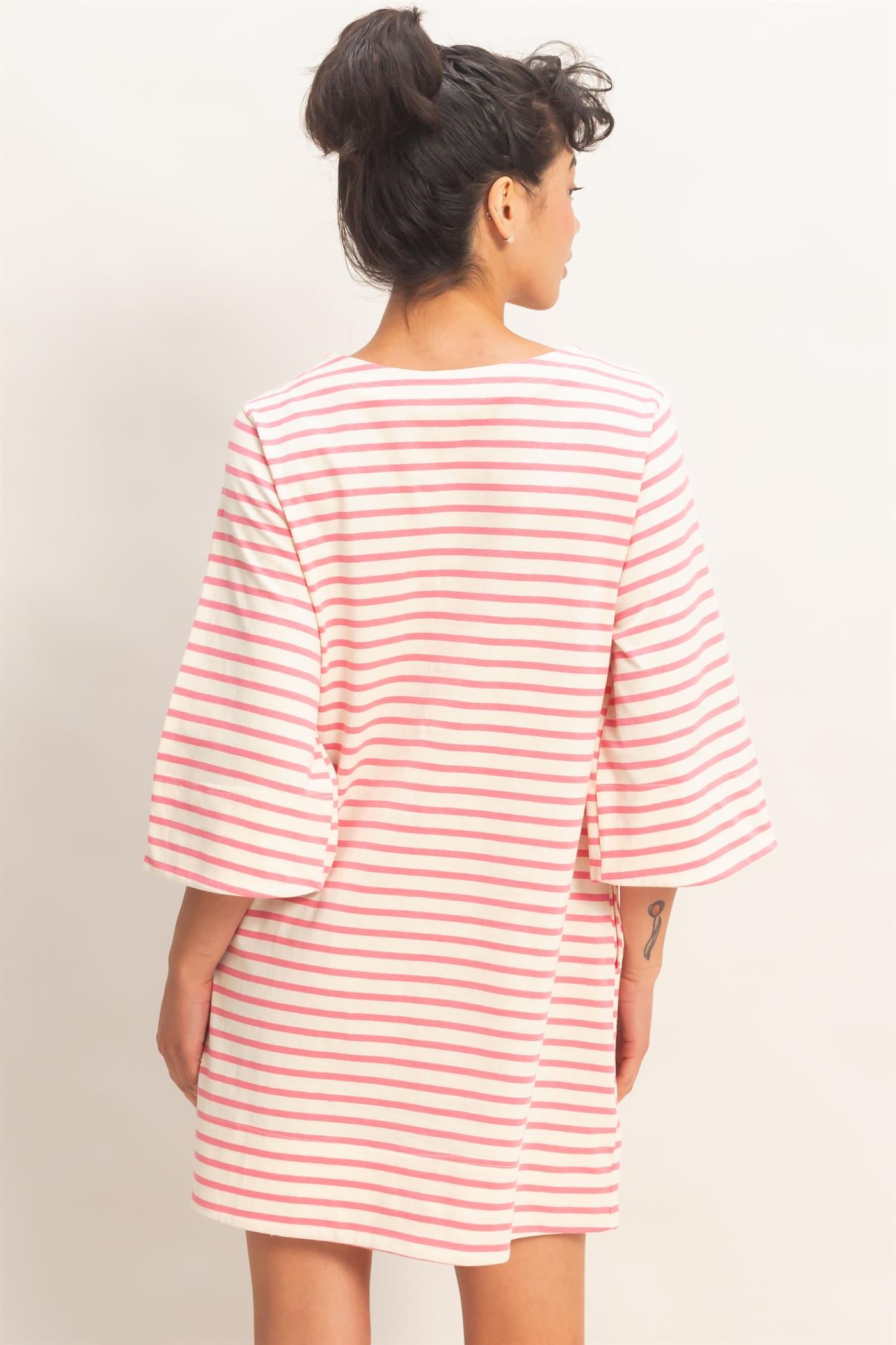 Wholesale Striped Round Neck Half-Sleeve Mini Dress Dresses DZ26A460 PINK DOUBLE ZERO