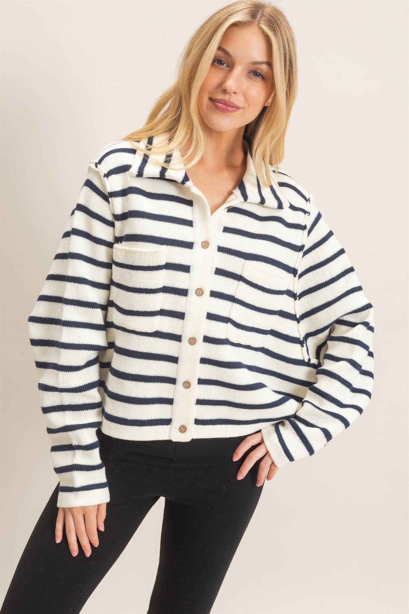 Wholesale Striped Button Front Cardigan Sweaters HF26F197 CREAM HYFVE