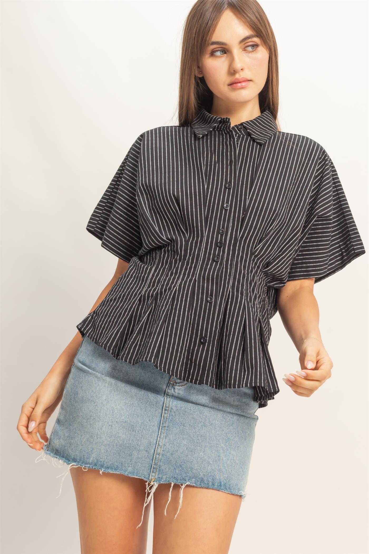Wholesale Pleated Button-Up Shirt Shirts HF26A092 BLACK DOUBLE ZERO