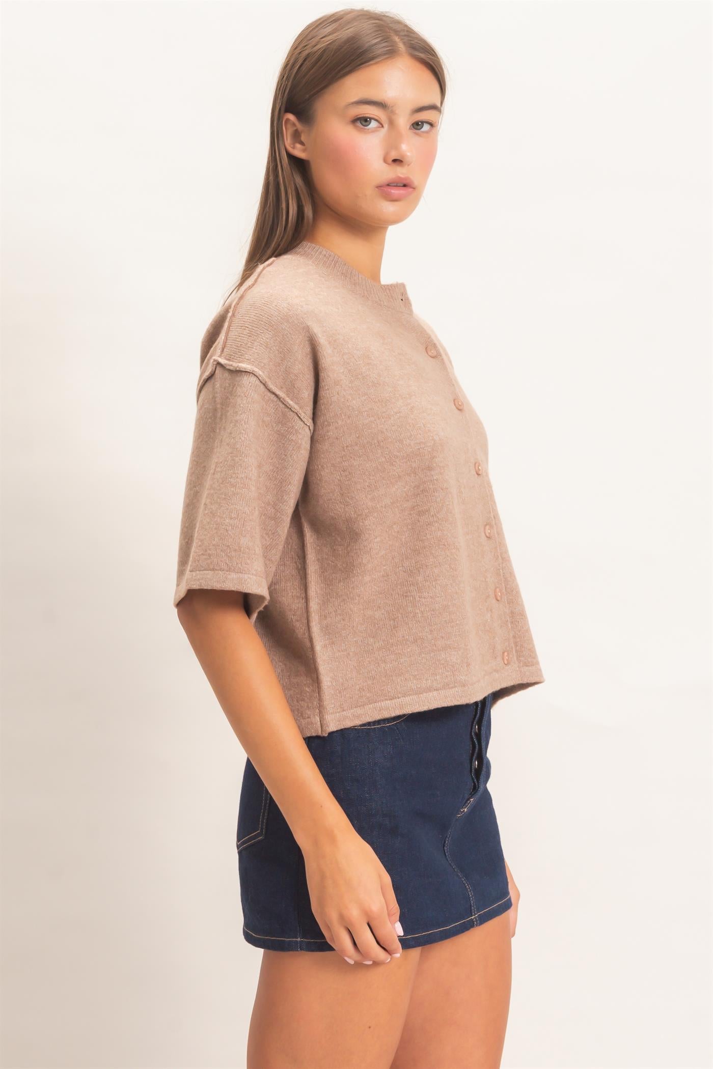 Wholesale Drop Shoulder Short Sleeve Cardigan Cardigans DZ26E238 DARK TAUPE DOUBLE ZERO