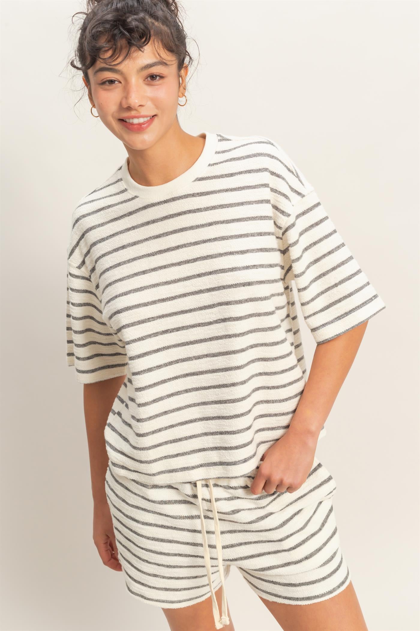 Wholesale Striped Short Sleeve Terry Crew Neck Top Clothing Tops DZ26A887 BLACK DOUBLE ZERO