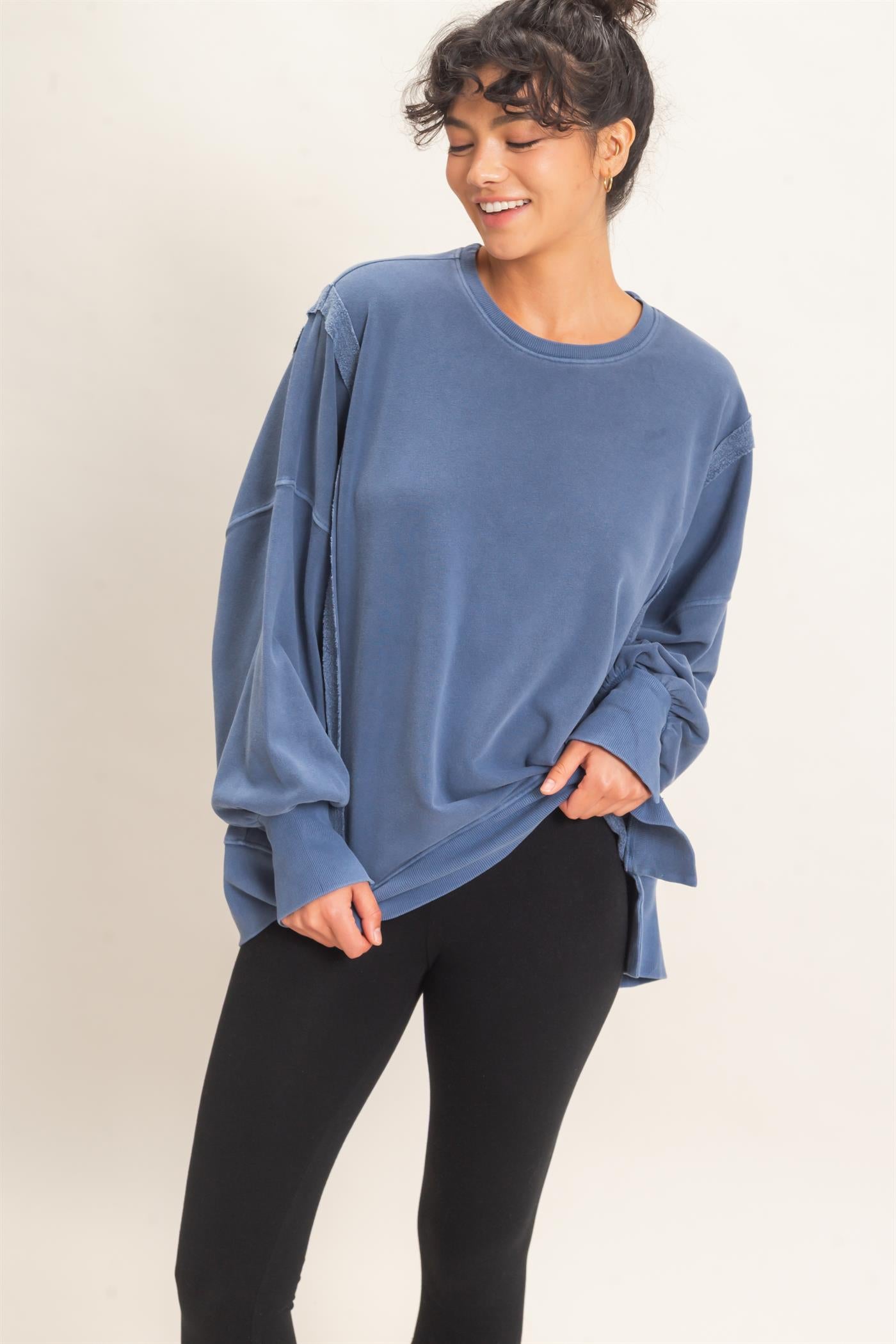 Wholesale Pigment  Dye Oversized Raw Edge Sweatshirt Sweatshirts DZ26C737 NAVY DOUBLE ZERO