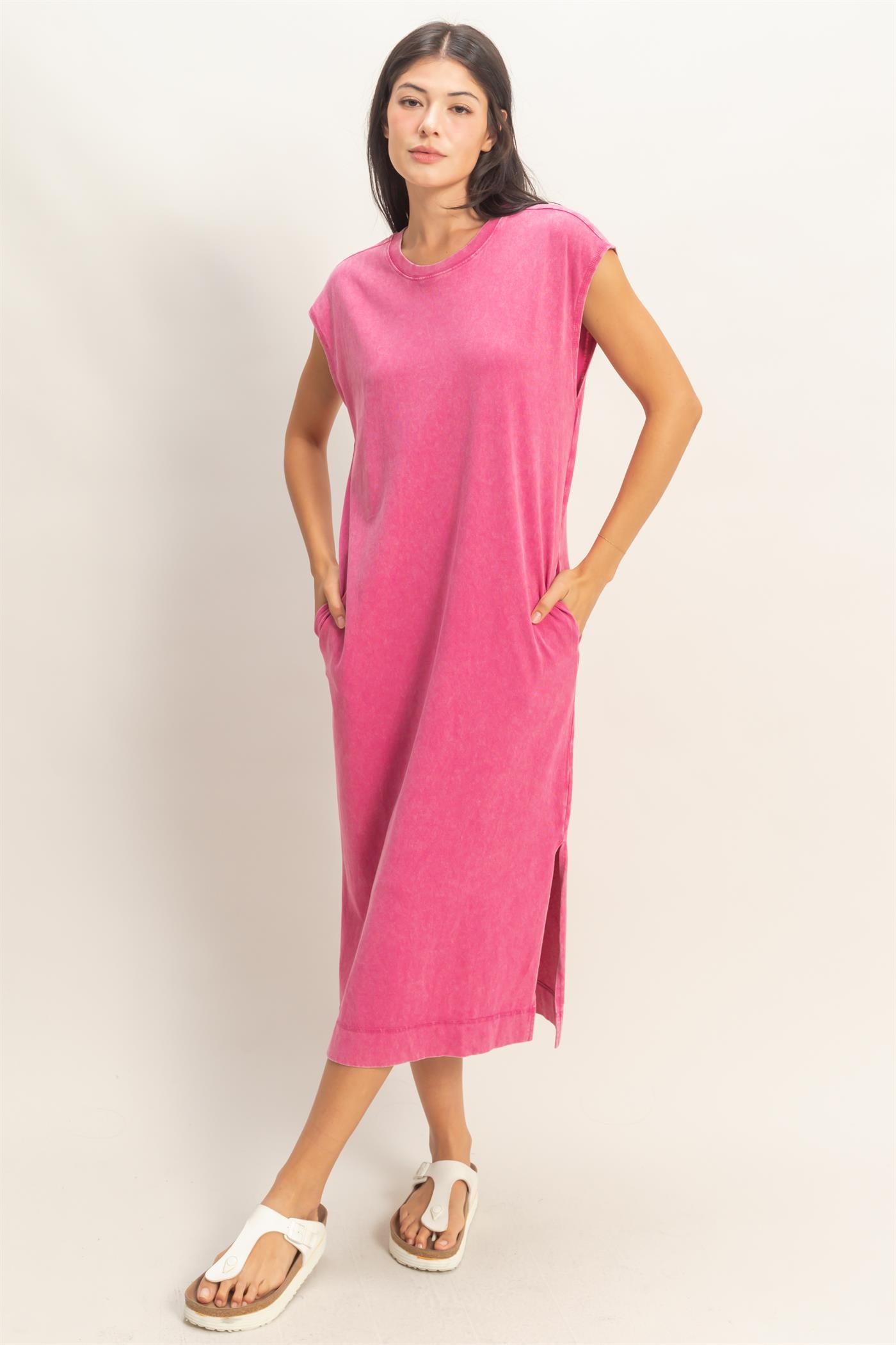 Wholesale Mineral Wash Cap Sleeve Midi Dress Dresses DZ26A049 FUCHSIA DOUBLE ZERO