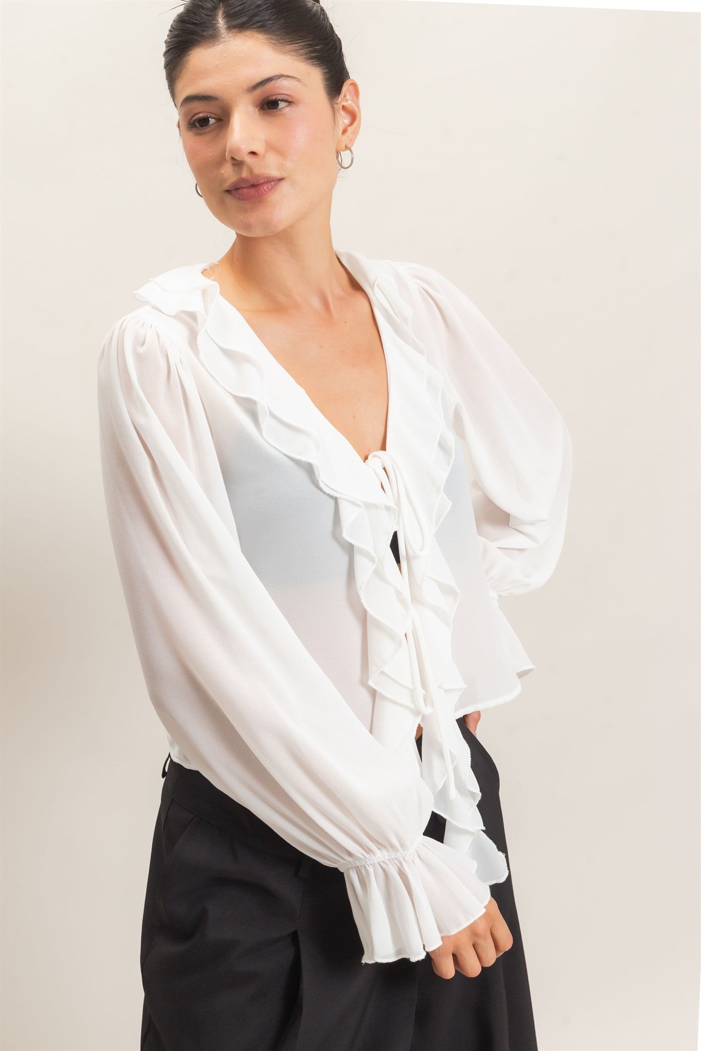 Wholesale Ruffled V-Neck Blouse Blouses HF26F066 OFF WHITE HYFVE
