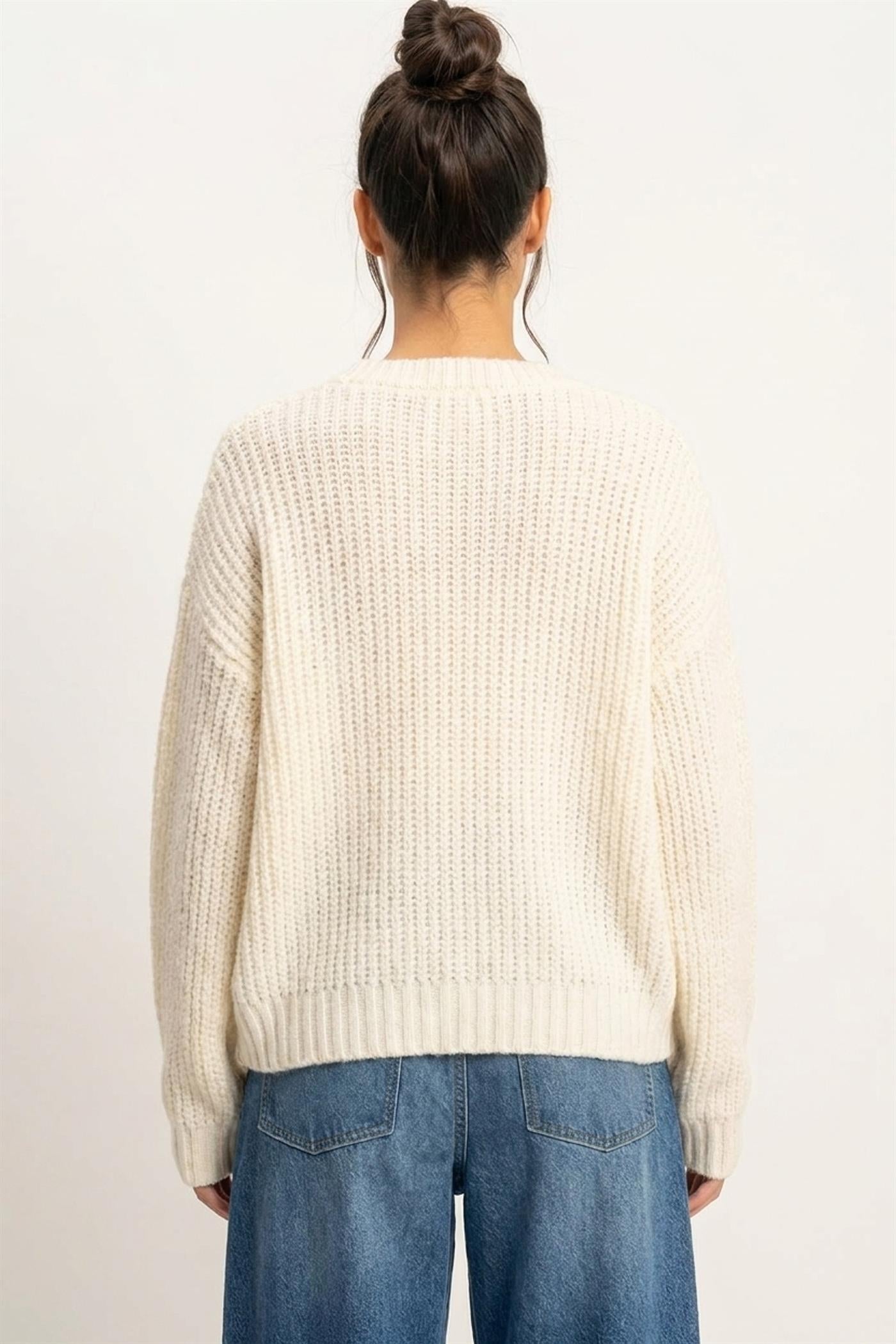Wholesale Cable Knit V-Neck Sweater Sweaters DZ26E107 CREAM DOUBLE ZERO