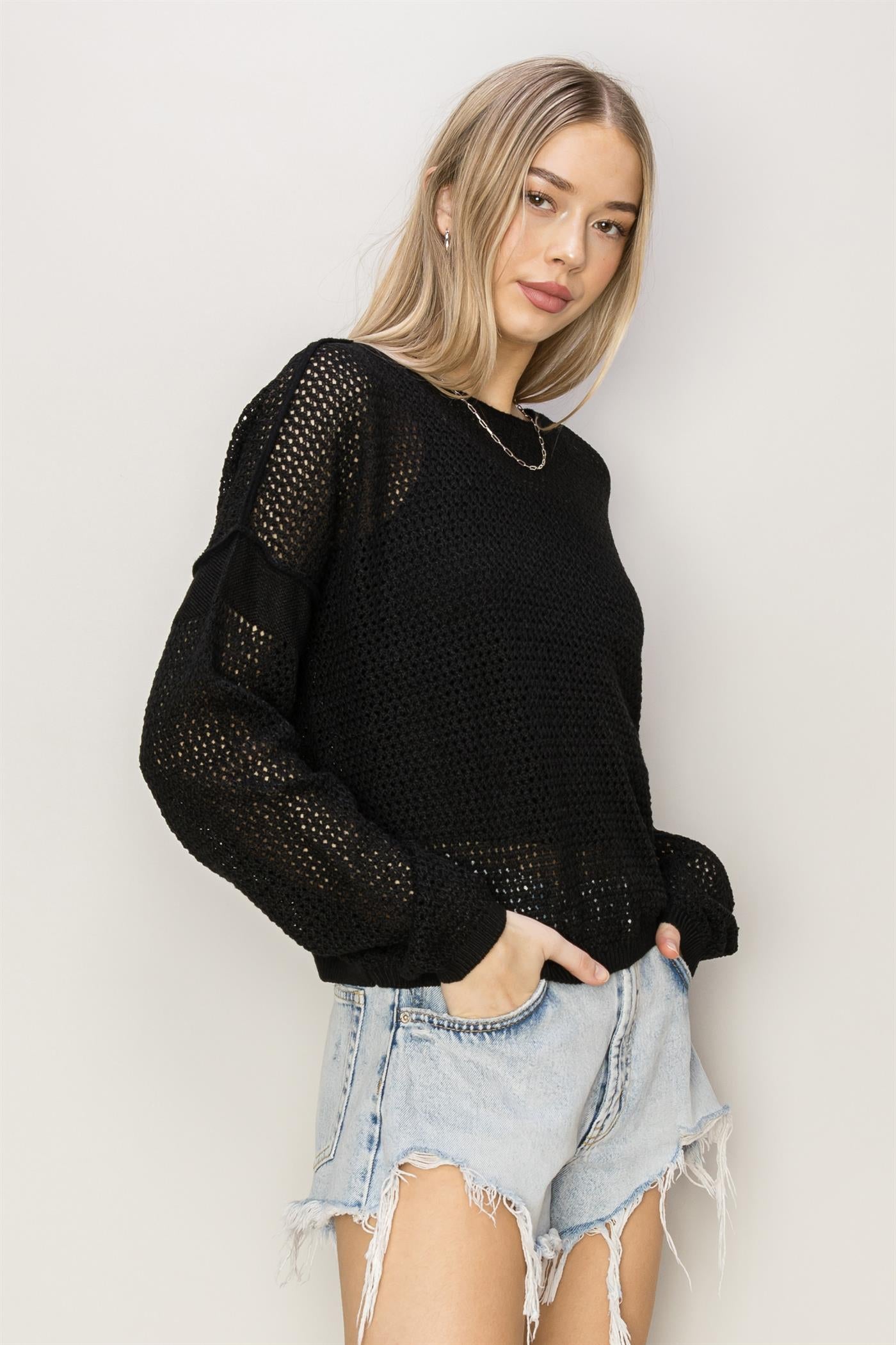Wholesale Open Knit Drop Shoulder Sweater Clothing Tops DZ24C033 BLACK DOUBLE ZERO