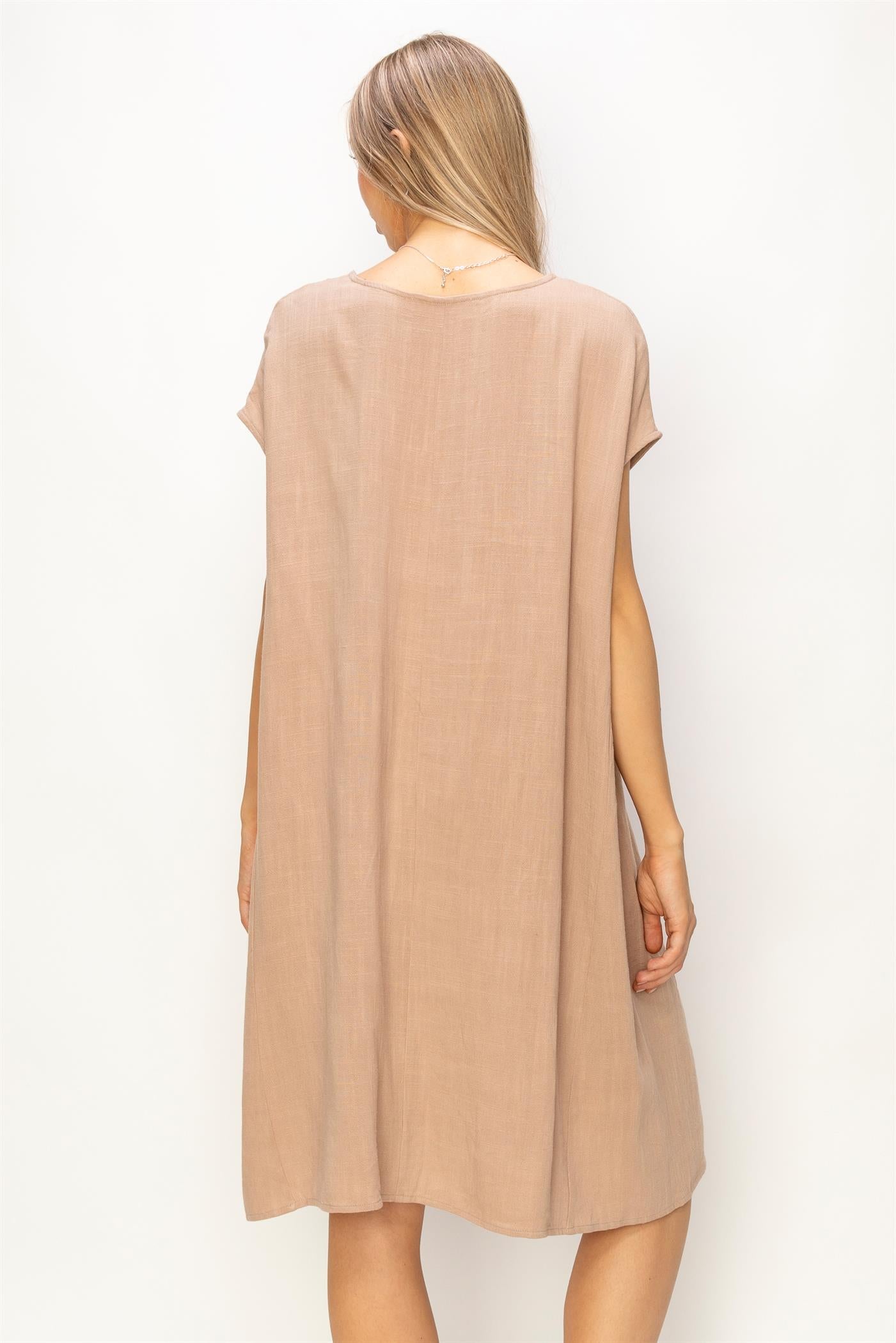 Wholesale V-Neck Oversized Linen Midi Dress Dresses DZ23E033-D TAN DOUBLE ZERO