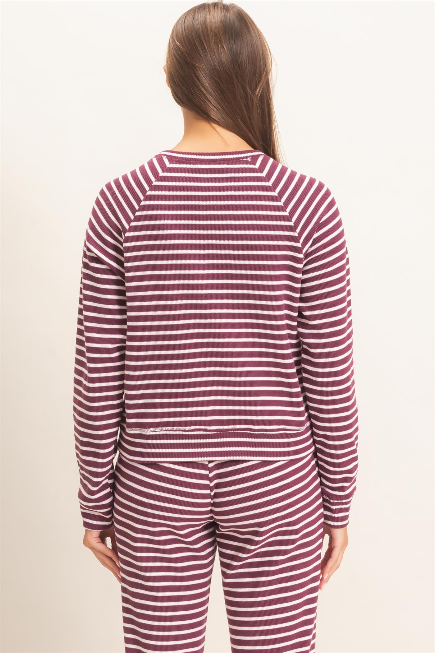 Wholesale Striped Waffle Knit Raglan Top Clothing Tops DZ26E450 DARK CHERRY DOUBLE ZERO