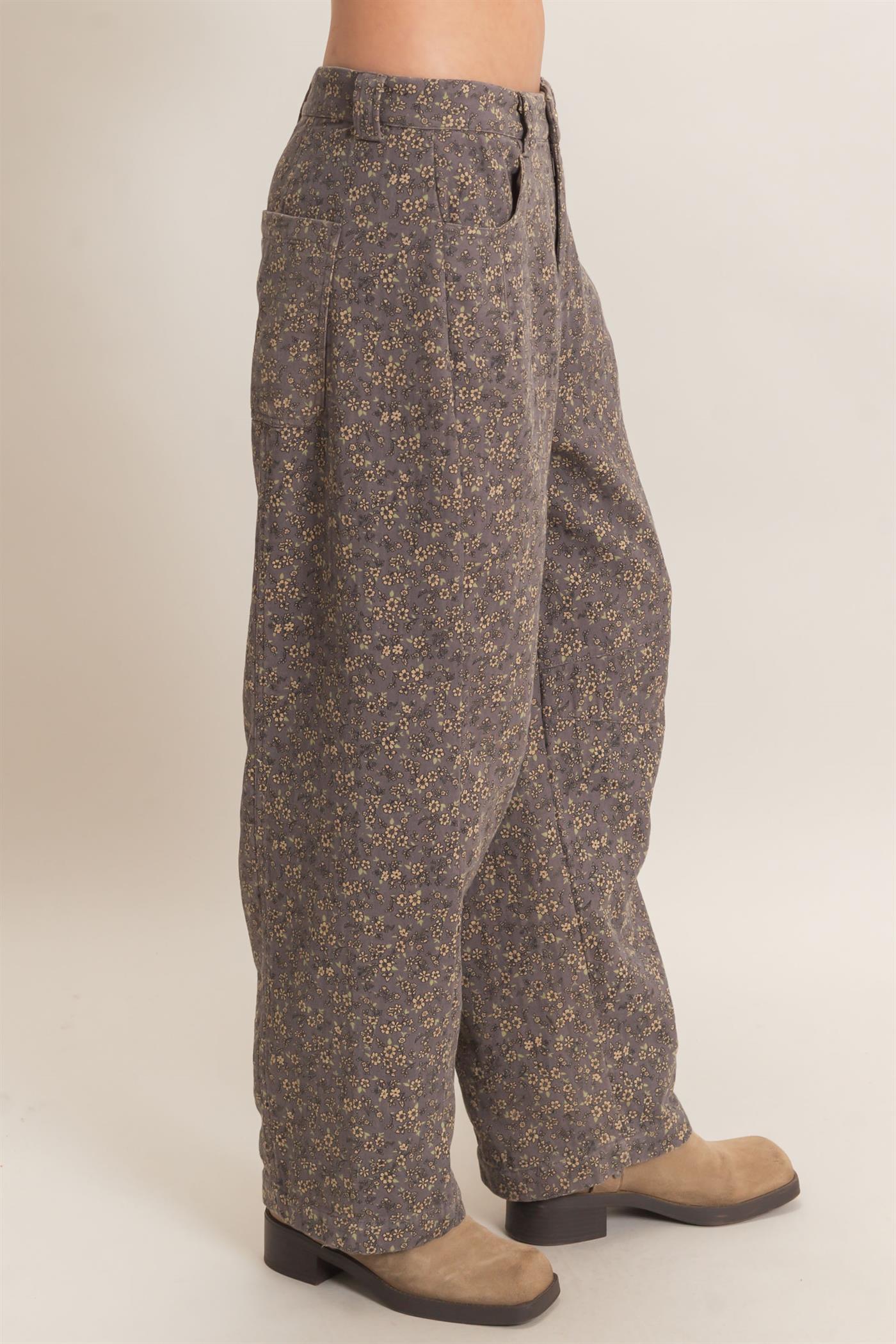 Wholesale Floral Print Garment Wash Barrel Pants Pants HF26C840 ASH HYFVE