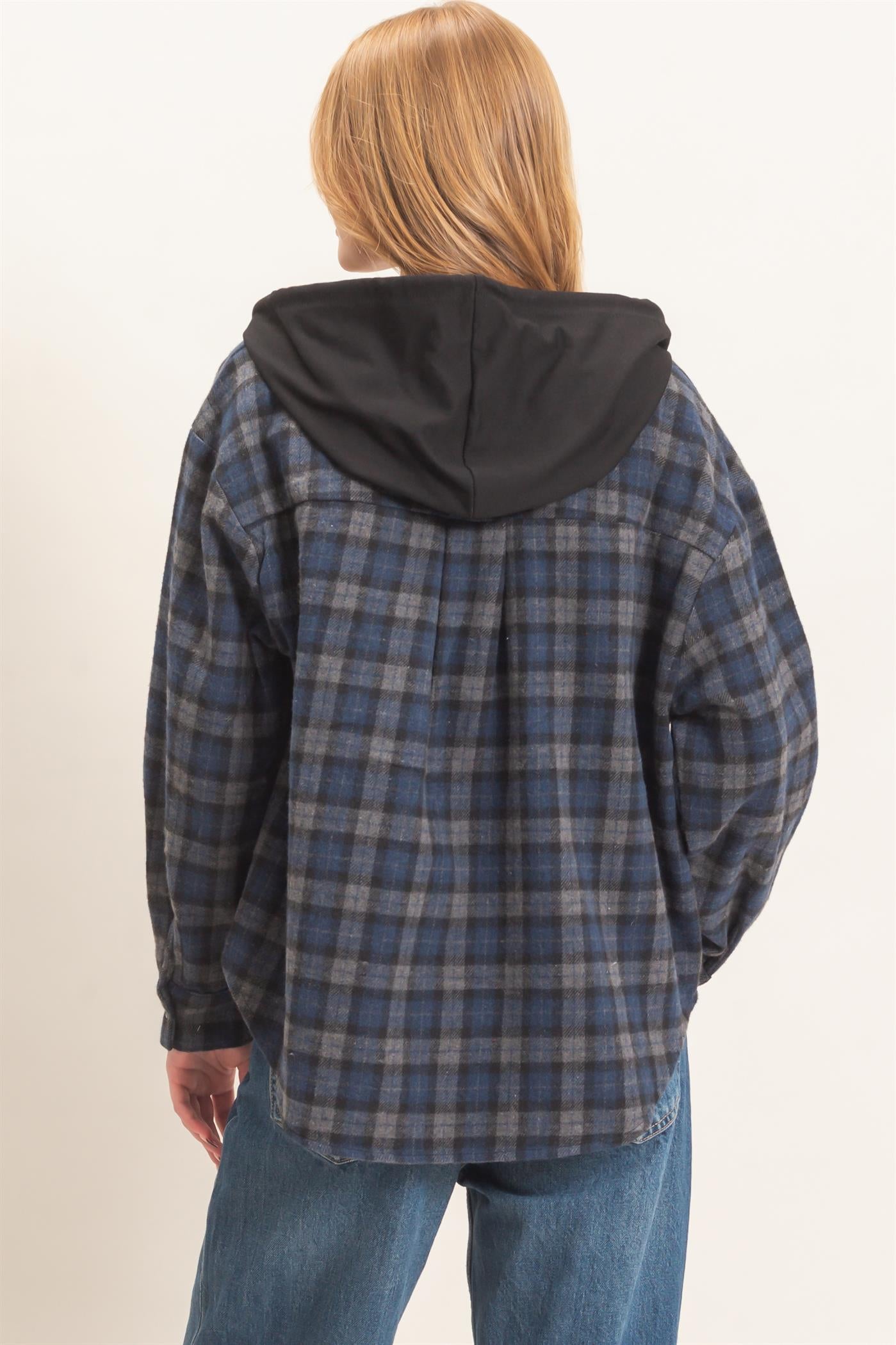 Wholesale Hooded Plaid Button-Up Shirt Shirts HF26F018 NAVY HYFVE