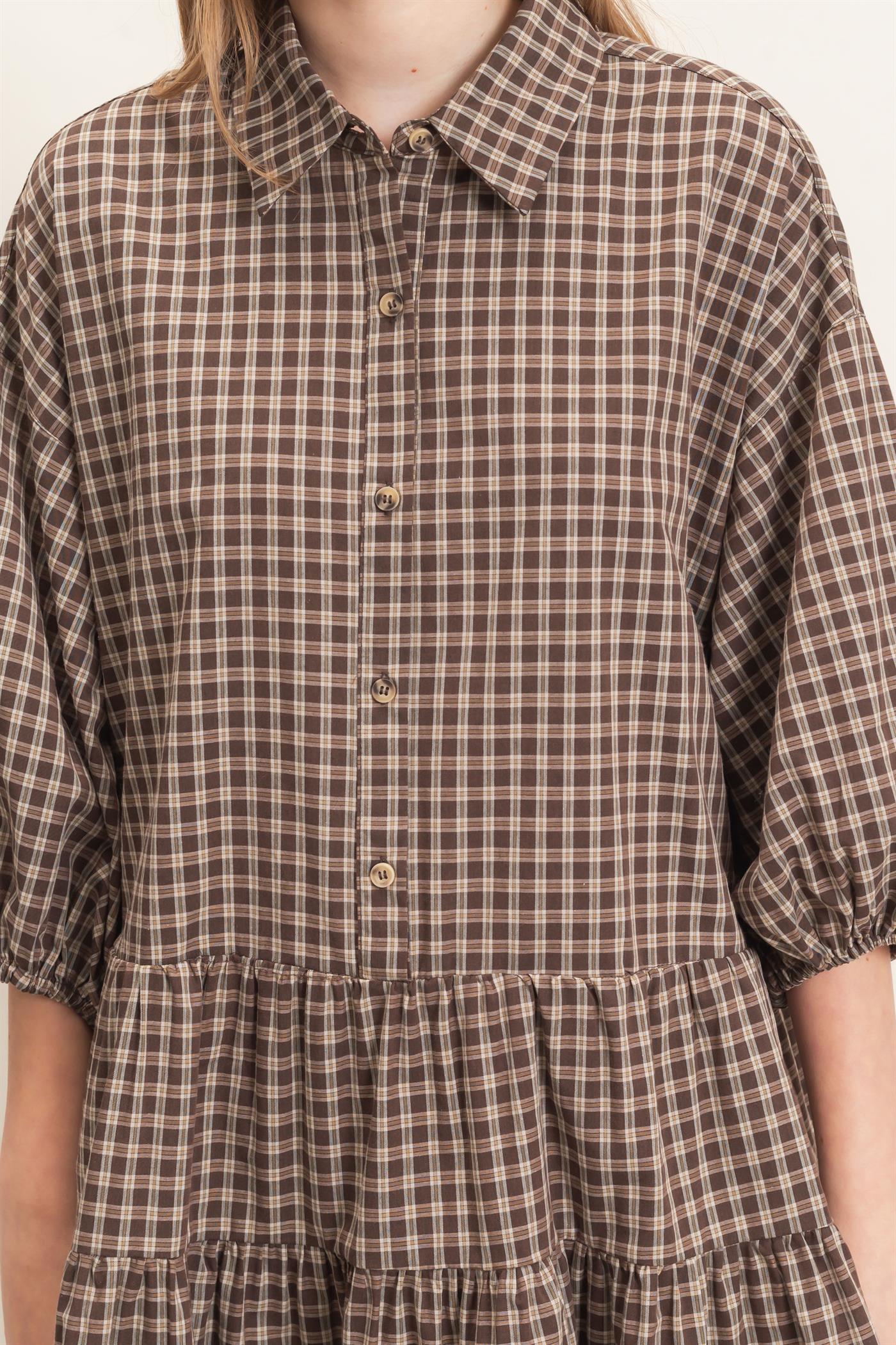 Wholesale Plaid Button-Down Tiered Dress Dresses HF26E795 BROWN HYFVE