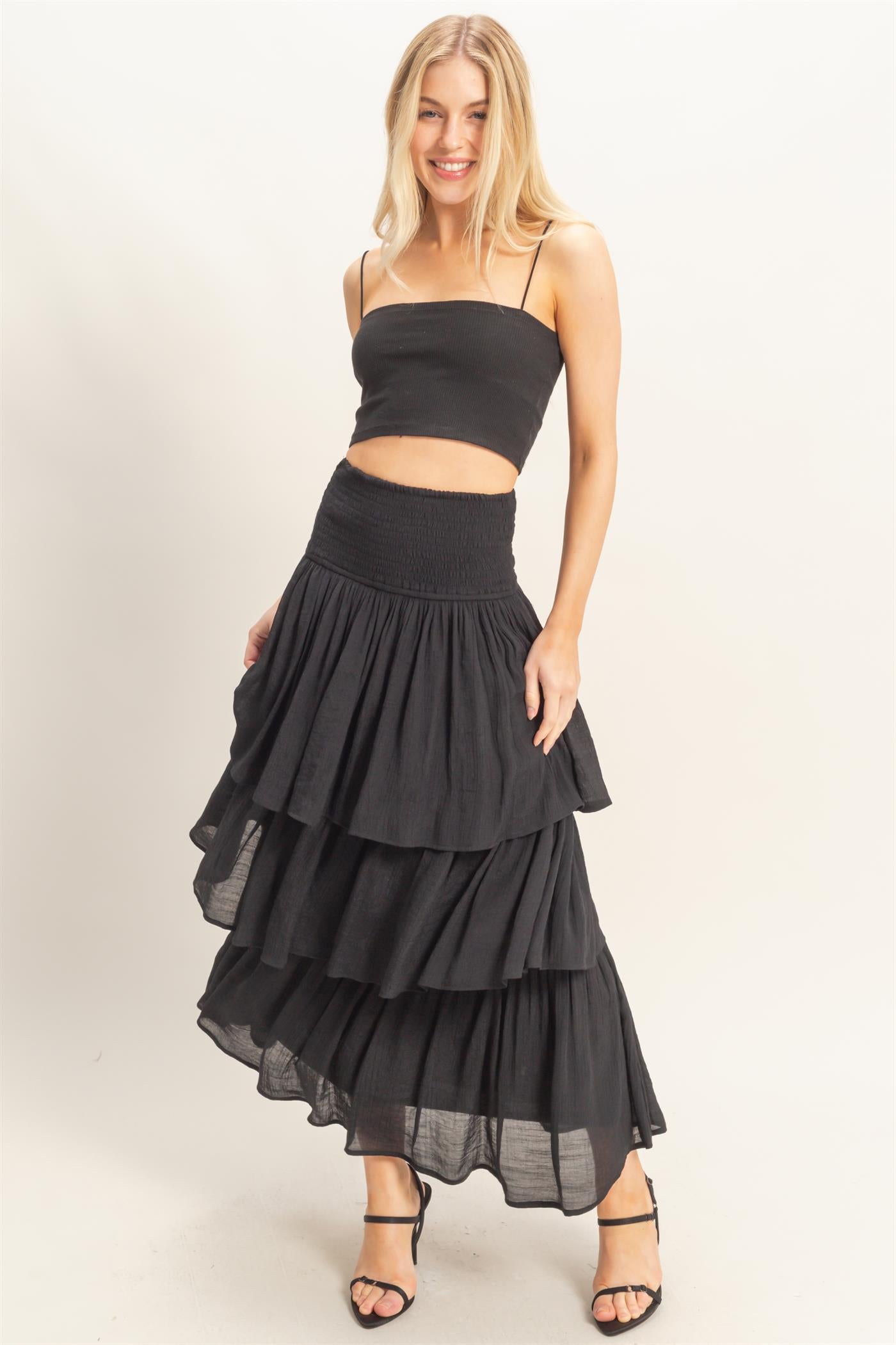 Wholesale Tiered Smocked Waist Skirt Skirts HF26C188-D BLACK HYFVE
