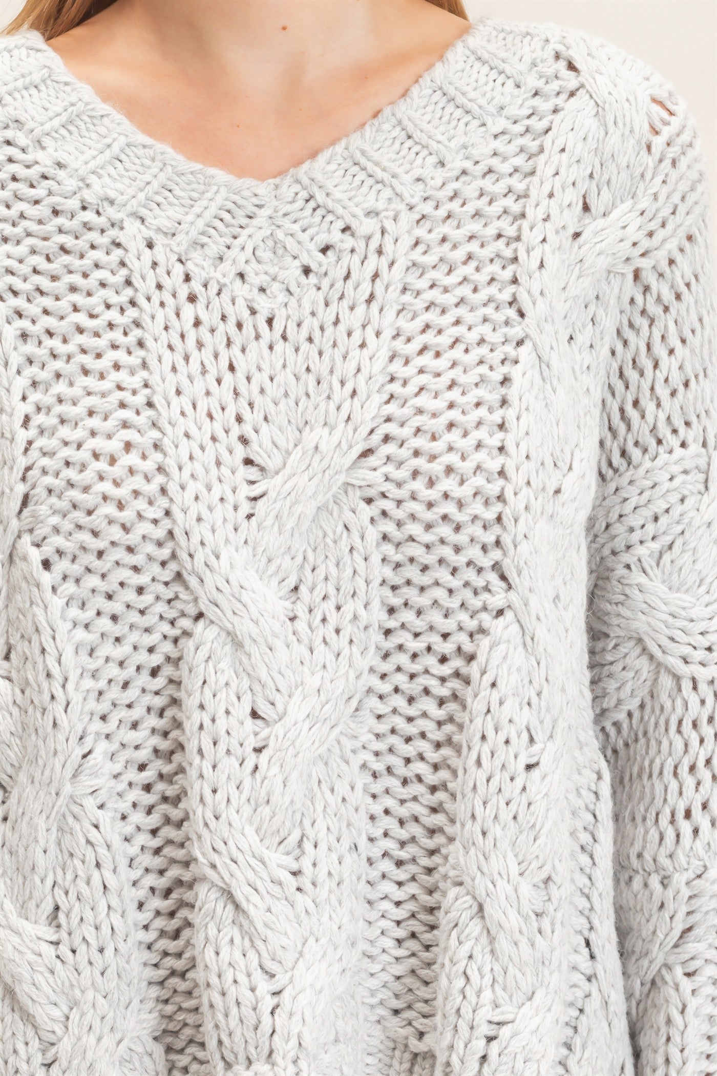Wholesale Cable Knit V-Neck Sweater Sweaters HF26F175-D GRAY HYFVE