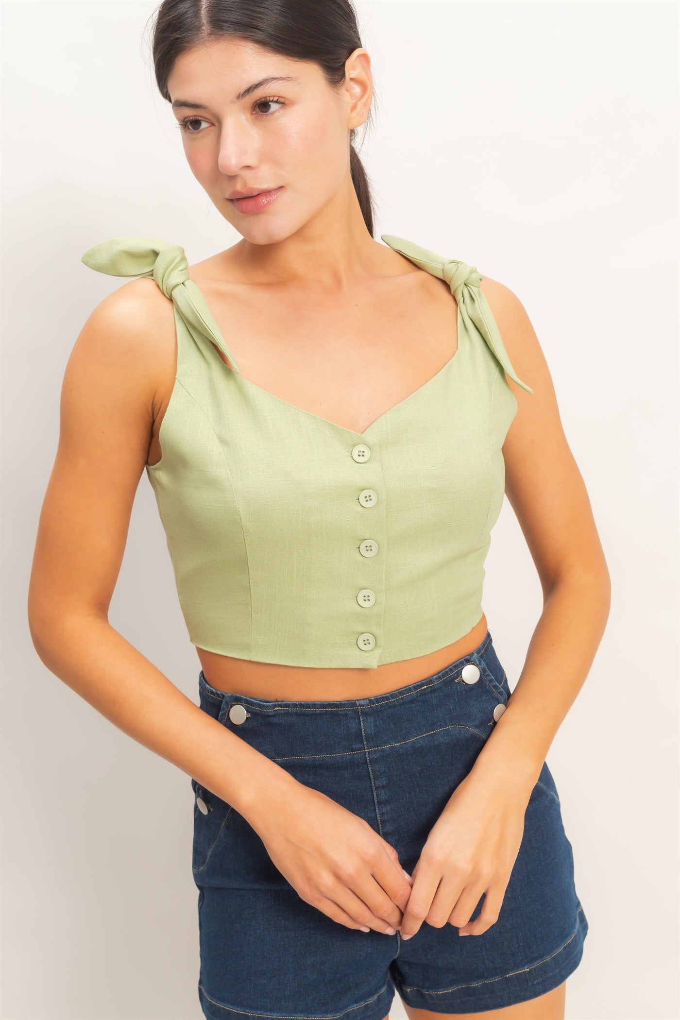 Wholesale Button-Up Tie Strap Crop Top Clothing Tops HF26A445 SAGE GREEN HYFVE
