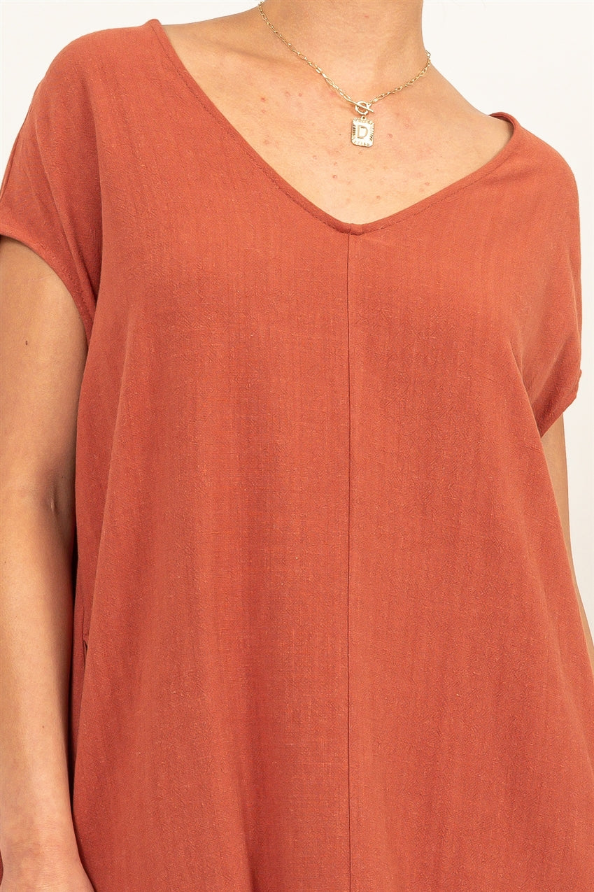 Wholesale V-Neck Oversized Linen Midi Dress Dresses DZ23E033-D BAKED CLAY DOUBLE ZERO