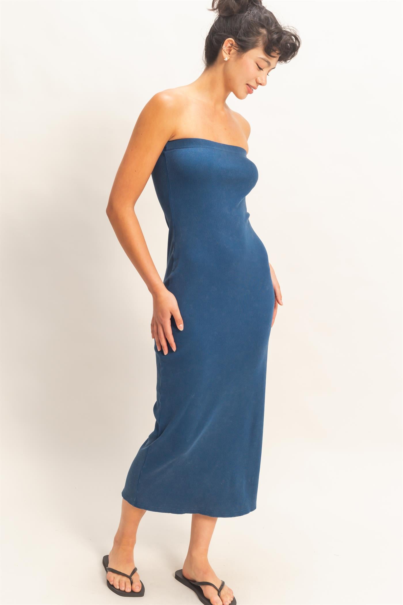 Wholesale Acid Washed Ribbed Midi Tube Dress Dresses DZ26C620 NAVY DOUBLE ZERO